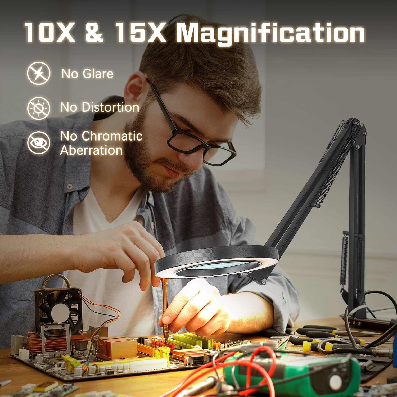 Cenawin 2-In-1 Magnifying Glass with Light and Stand, 15X 10X LED Magnifying Lamp with Clamp and Base, Desk Lamp with 3 Colour Modes, Dimmable, LED Magnifying Lamp for Hobby Crafts, Workplace Lamp image number 3