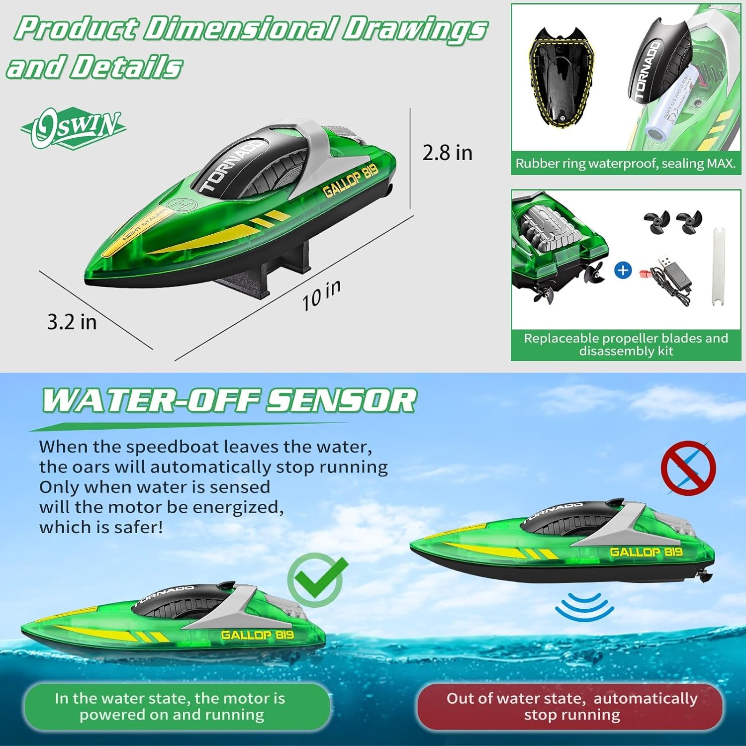 OSWIN Remote Control Boat 15+ MPH Fast RC Boat for Pool & Lake, HJ819 Remote Control Boat with LED Lights RC Speed Boat 2.4Ghz Race Boats for Adults & Kid, Pool Toys(Green) image number 2