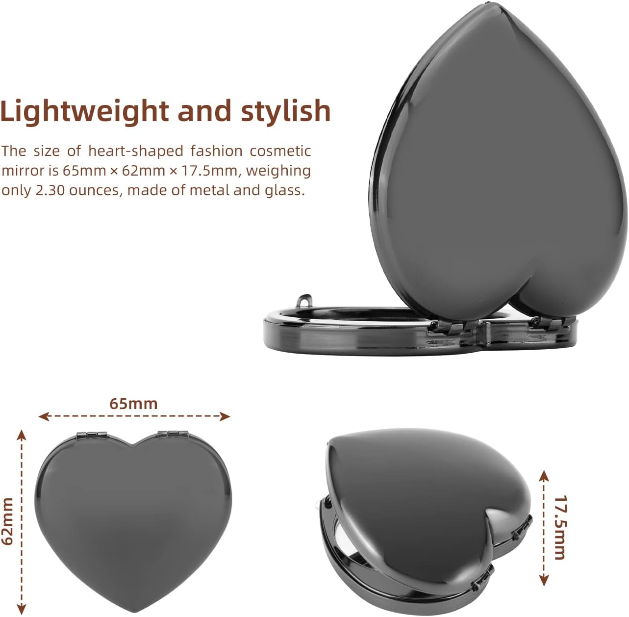 Mini Vintage Heart Elegant Makeup Mirror, Portable 1X/2X Magnifier (Black)