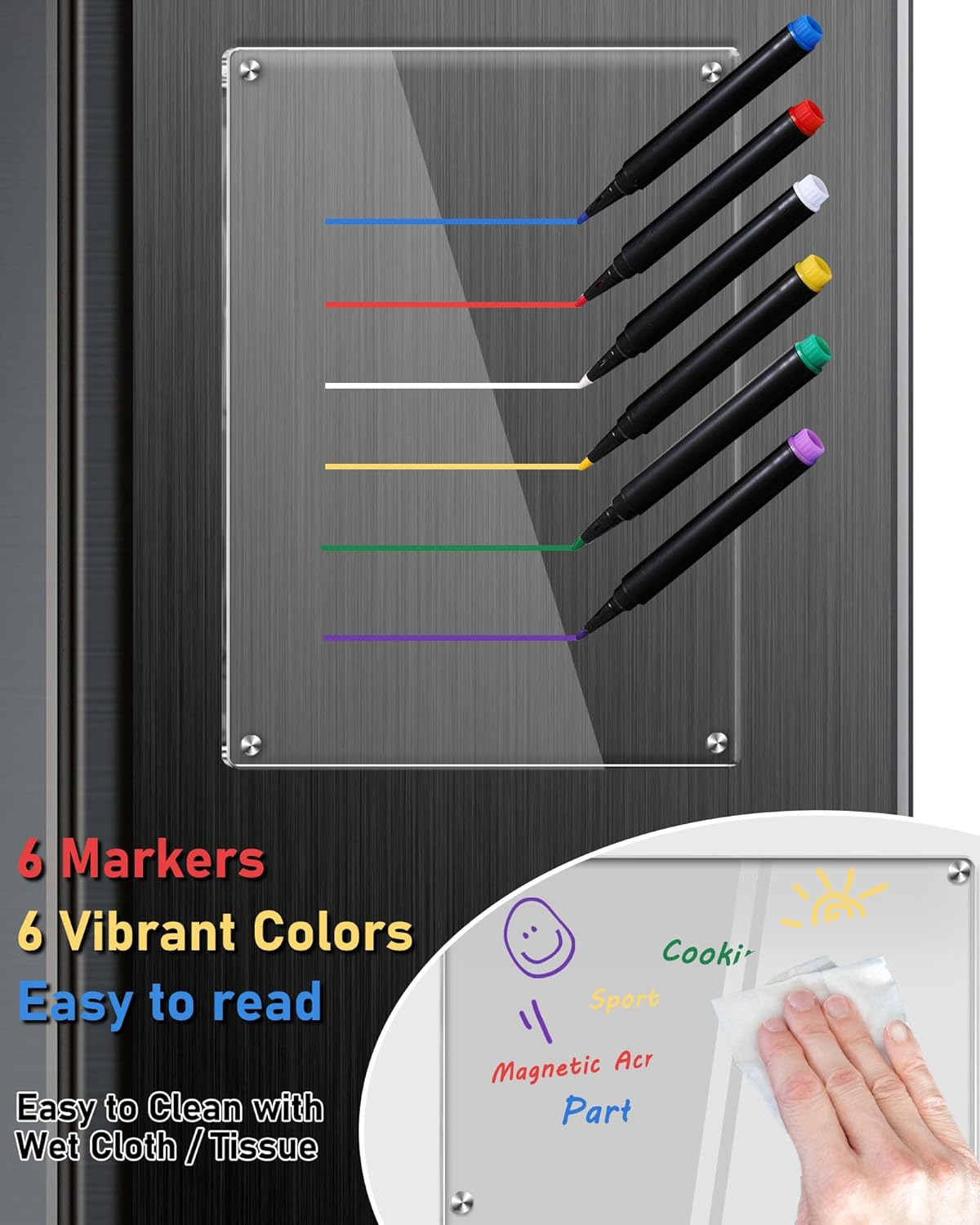 Clear Acrylic Magnetic Dry Erase Board for Fridge,12"X8" Magnetic Whiteboard for Fridge, Magnet Weekly Planner Calendar for Refrigerator Includes 6 Colors Markers image number 4