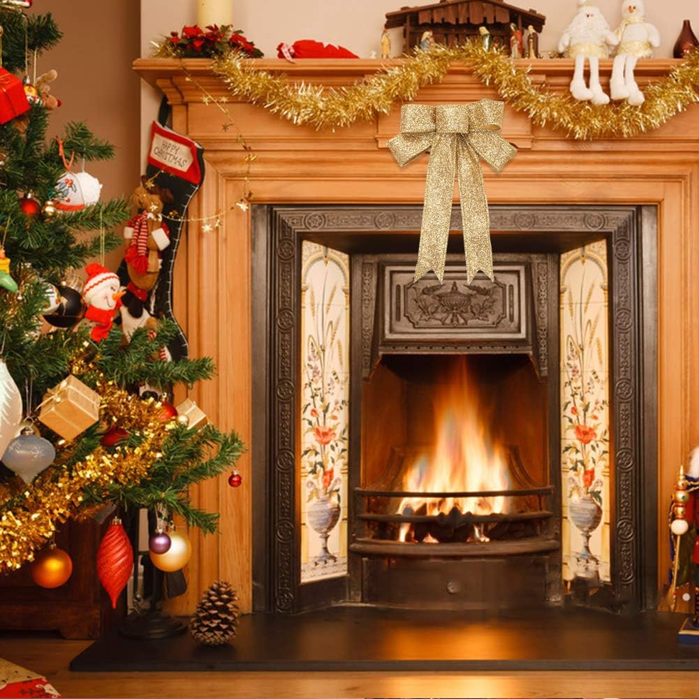 Christmas Ribbon Bows 12Pcs Golden Bowknot Glitter Xmas Tree Bows Hanging Ornaments for Craft DIY Christmas Wreaths Wedding Holiday Party Wall Table House Decoration Presents Gift Wrapping Supplies image number 1