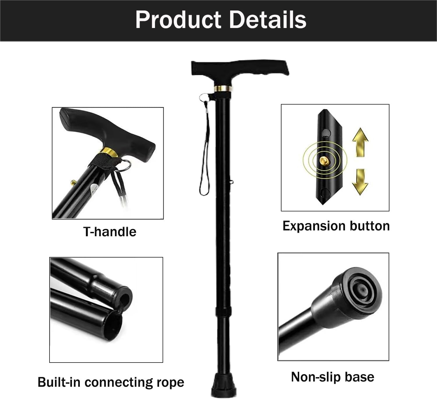 Foldable Walking Cane for Seniors, Adjustable Walking Stick, Folding Cane, Trekking Pole, Lightweight Aluminium Hiking Stick, Travel Mountaineering, Climbing Stick for Limited Mobility