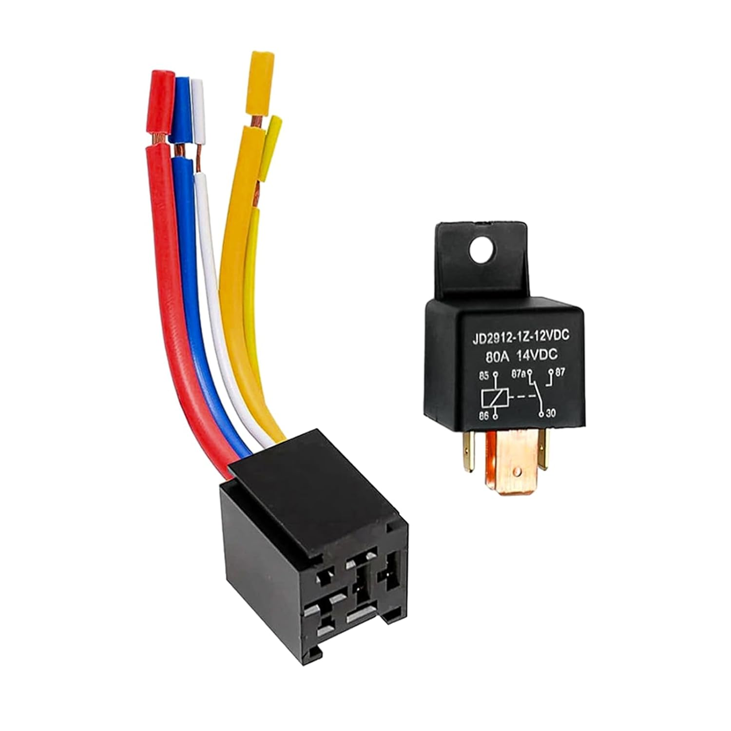 Car Relay with Harness, 5 Pin 80A 12V On/Off Normally Open SPST Relay Socket Plug, Model JD2912-1Z-12VDC 80A 14VDC, Automotive Switches and Starters for Car SUV Truck