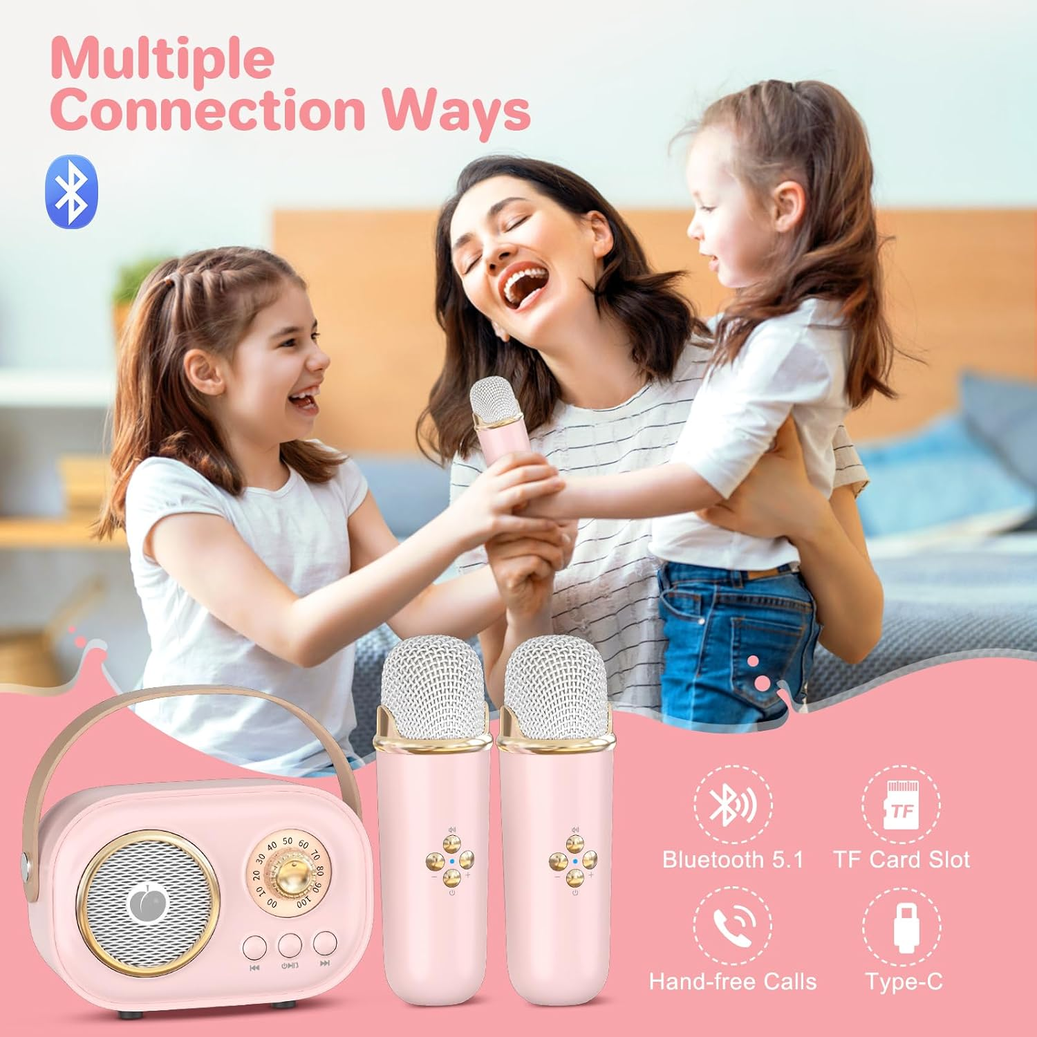 Mini Karaoke Machine for Kids Adults,Portable Bluetooth Speaker with 2 Wireless Microphones, Gifts Toys for Girls 3, 4, 5, 6, 7, 8+ Years Old Toddler Teens Birthday Family Home Party (Pink) - Green image number 5