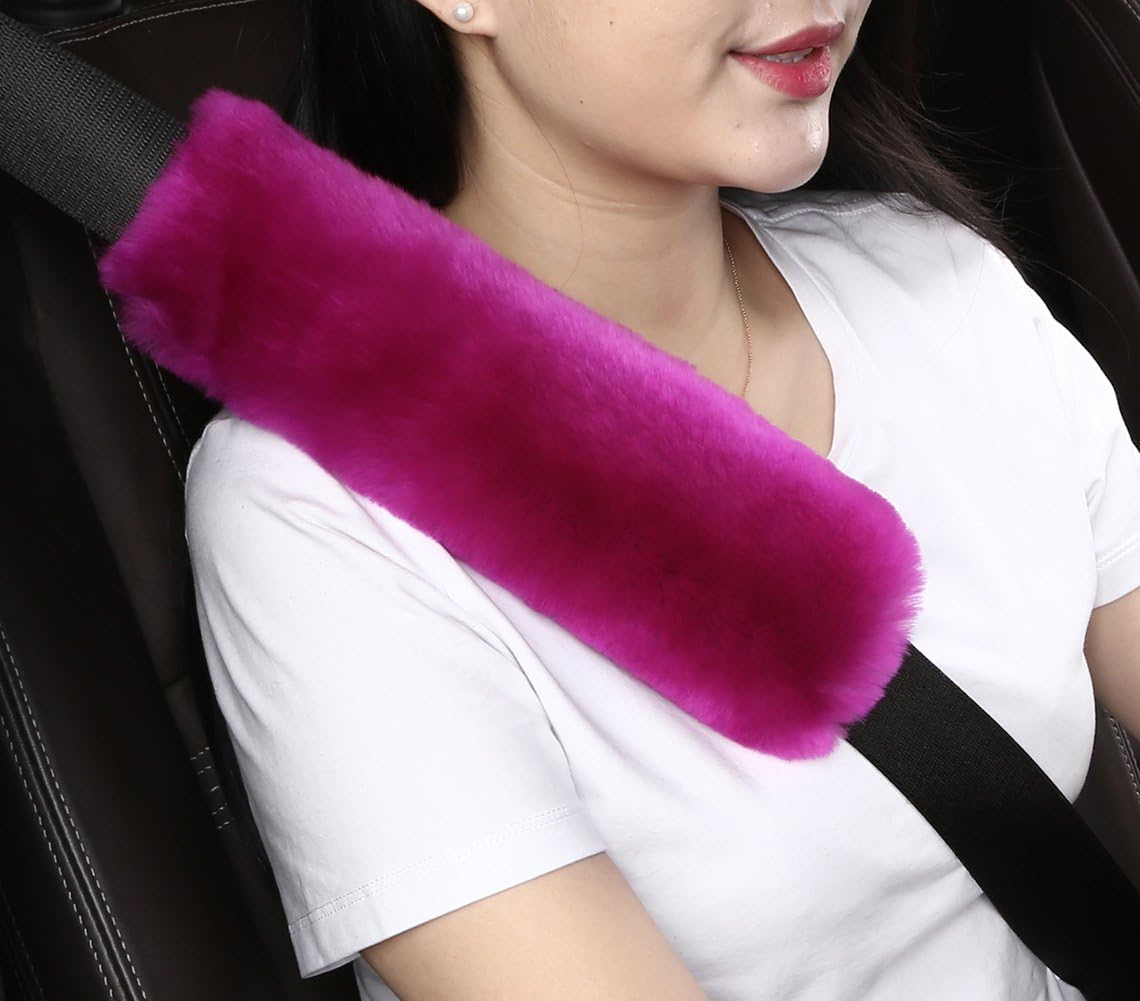 Dotesy Auto Genuine Sheepskin Seat Belt Cover,Universal Fuzzy Pure Wool Car Seatbelt Cover Shoulder Pads for Adults Kids Children,Safety Belt Strap Chest Protector Neck Cushion,Purple Pink image number 5