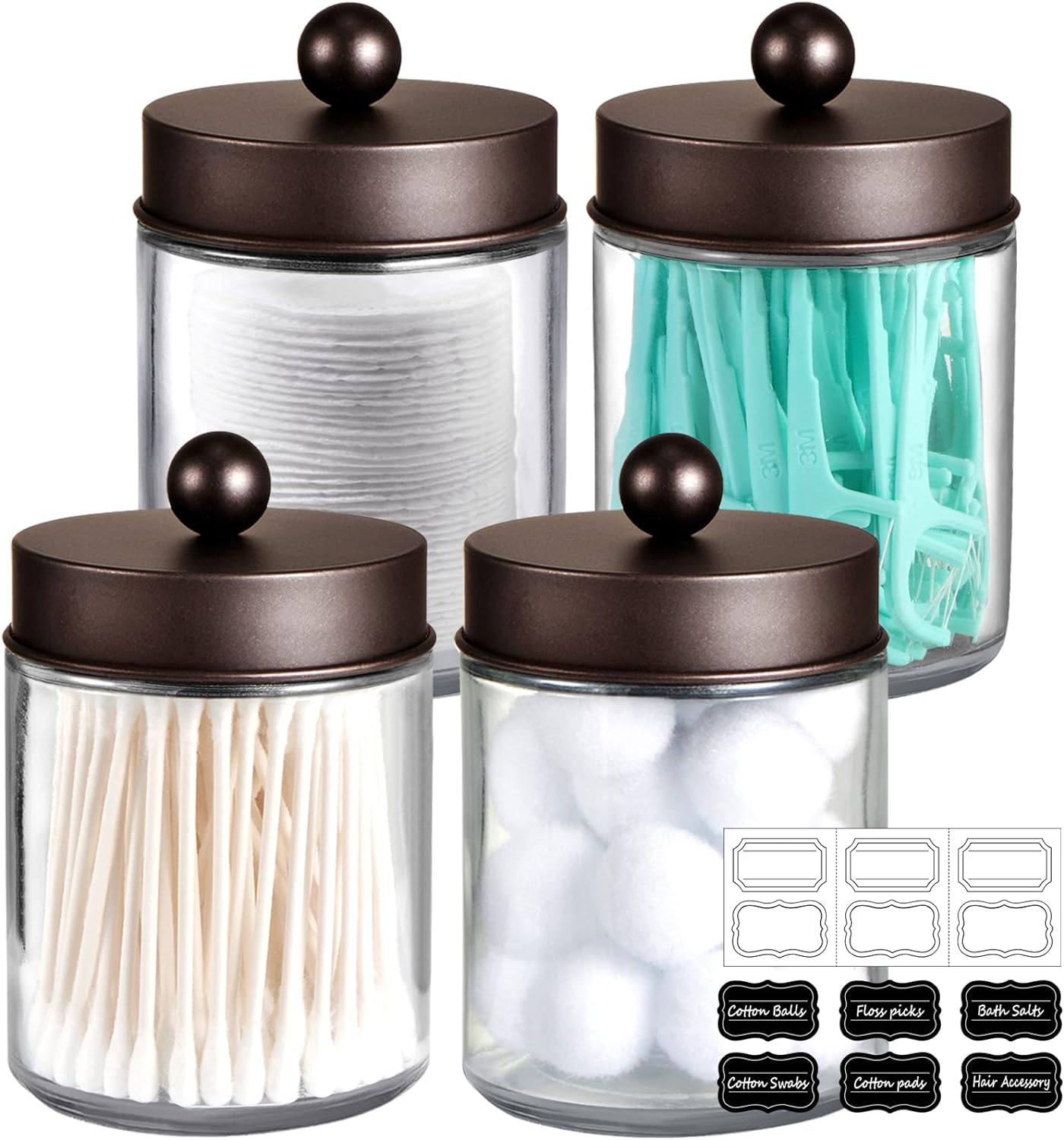 Amolliar 4Pc Apothecary Jars Bathroom Vanity Storage Organizer Set -Countertop Canister with Stainless Steel Lids &Cute Stickers - Qtip Dispenser Holder for Qtips,Cotton Swabs,Makeup Sponges (Bronze)
