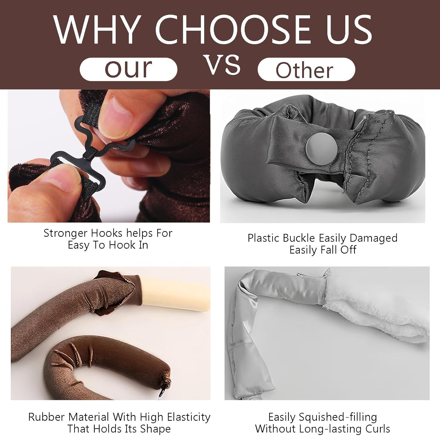 Heatless Hair Curler Rod Headband for Curls, 4 Pack Brown Coffee Color Curling Rods with One Silk Head Scarf