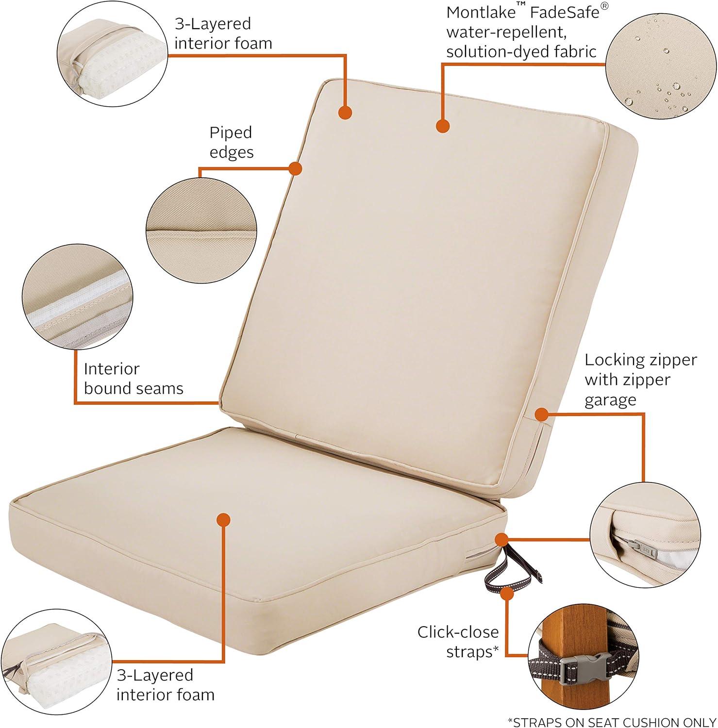 Classic Accessories Montlake Fadesafe Water-Resistant 44 X 20 X 3 Inch Patio Chair Cushion, Antique Beige, Patio Cushion Set