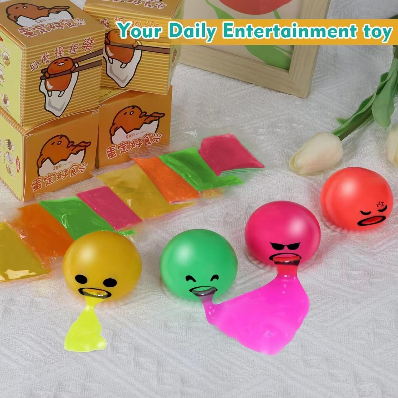 4-PCS Colorful Vomiting Egg Yolk Stress Balls,Puking Egg Yolk Stress Ball,Round Sucking Lazy Egg Yolk Soft Ball ,Stress Relief Squeeze Toys&hellip; (Emoticon) image number 1