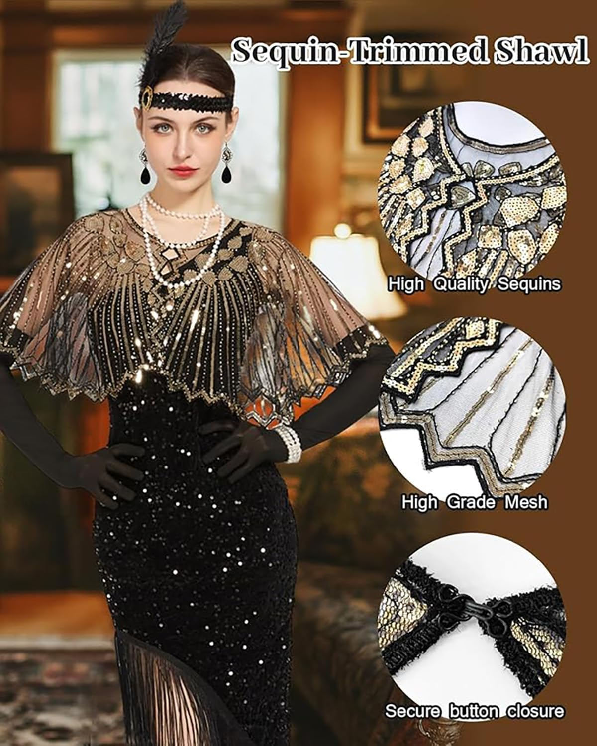 1920S Flapper Gatsby Accessories Costume Set Fashion Roaring 20'S Cosplay Theme Set with Headband Headpiece for Women Men - Womens, Black Gold image number 3