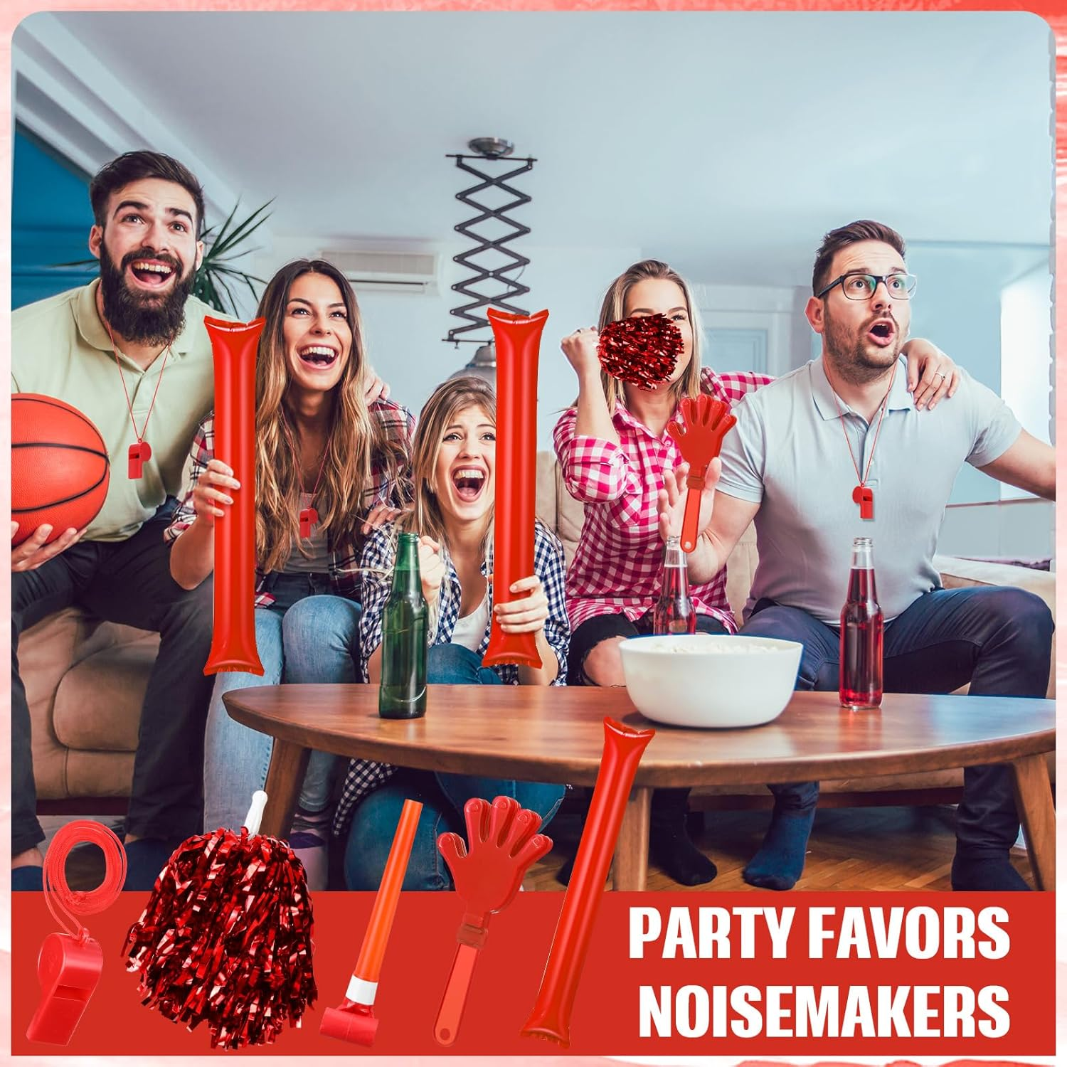 48 Pcs Cheerleading Pom Poms Thunder Sticks Hand Clappers Plastic Whistles with Lanyards Squawker Horns - Biue image number 3