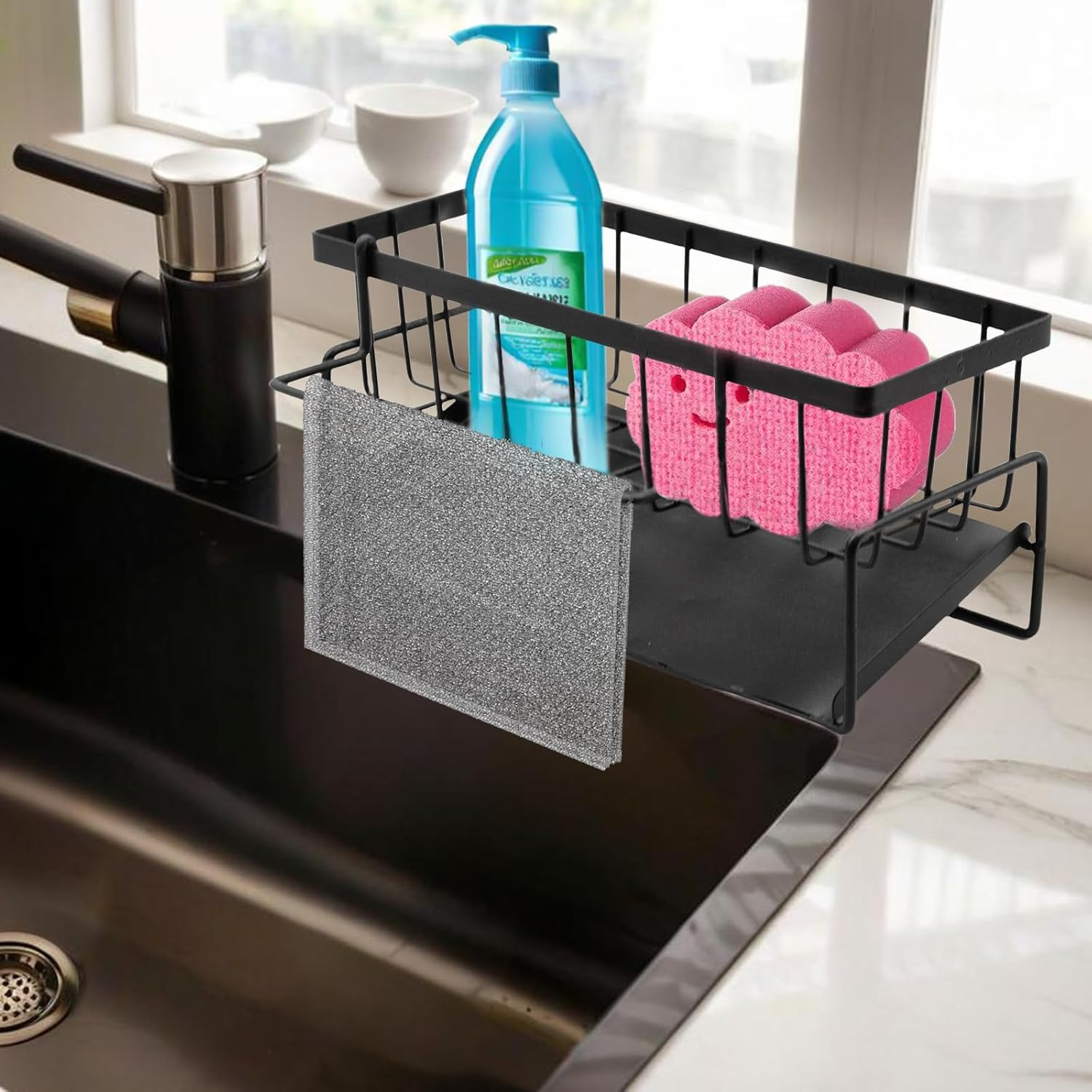 Stainless Steel Sink Organizer, Auto-Drain Kitchen Sink Caddy, Countertop Mount, Dishware, Black image number 5