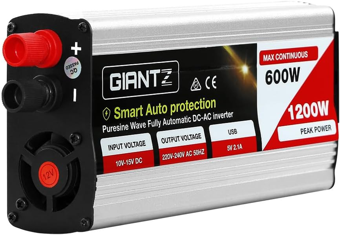 Giantz Power Inverter, 600W/1200W 12V to 240V Electric Portable Pure Sine Wave Inverters Adapter Convertor Camping Car Boat Caravan Laptop Accessories, Convenient USB Output Silver image number 4
