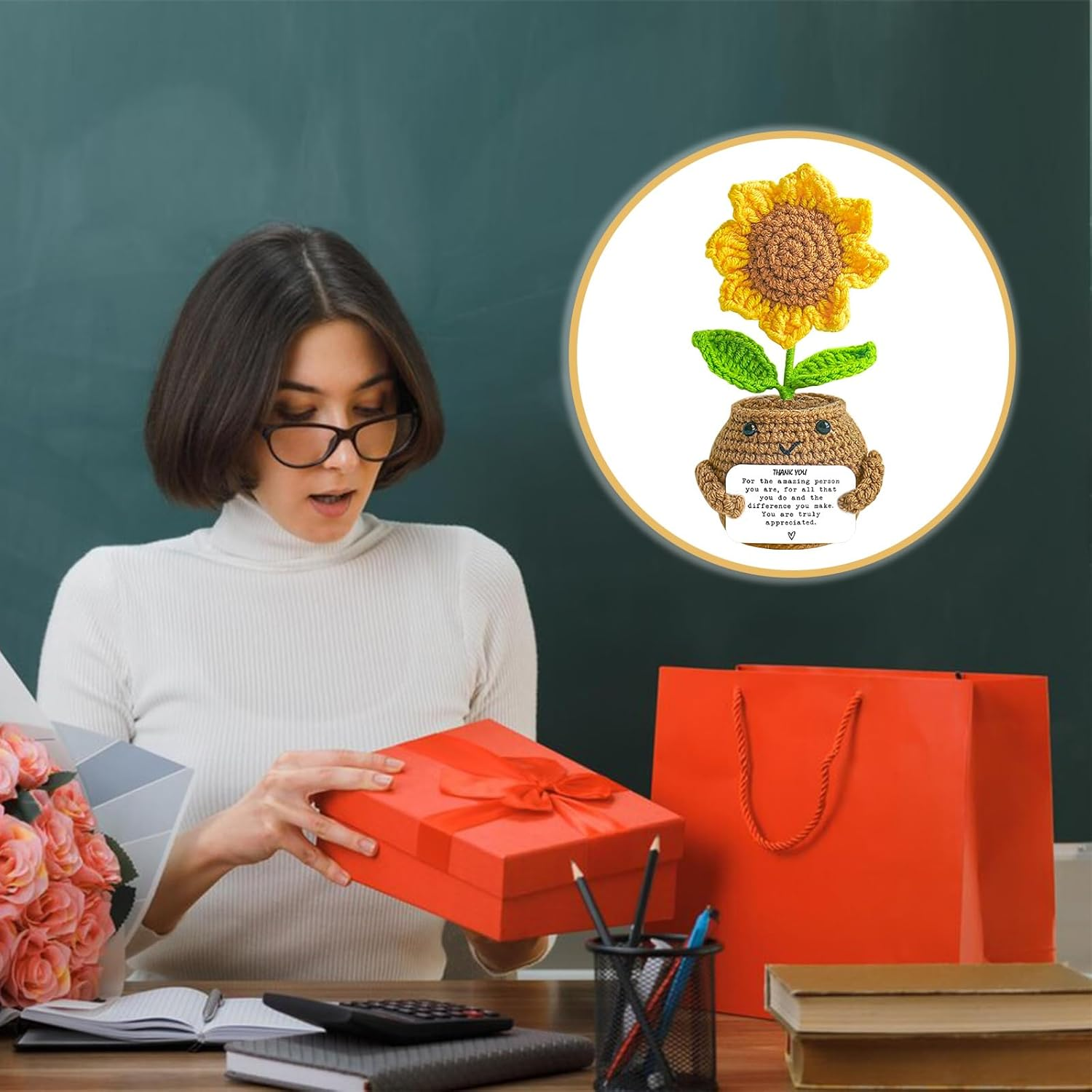 Gifts for Teacher, Positive Handmade Crochet Sunflower, Thank You Gifts for Teacher with Warming Card Appreciation Women Men Friends Graduation Gift (Style 1) image number 5