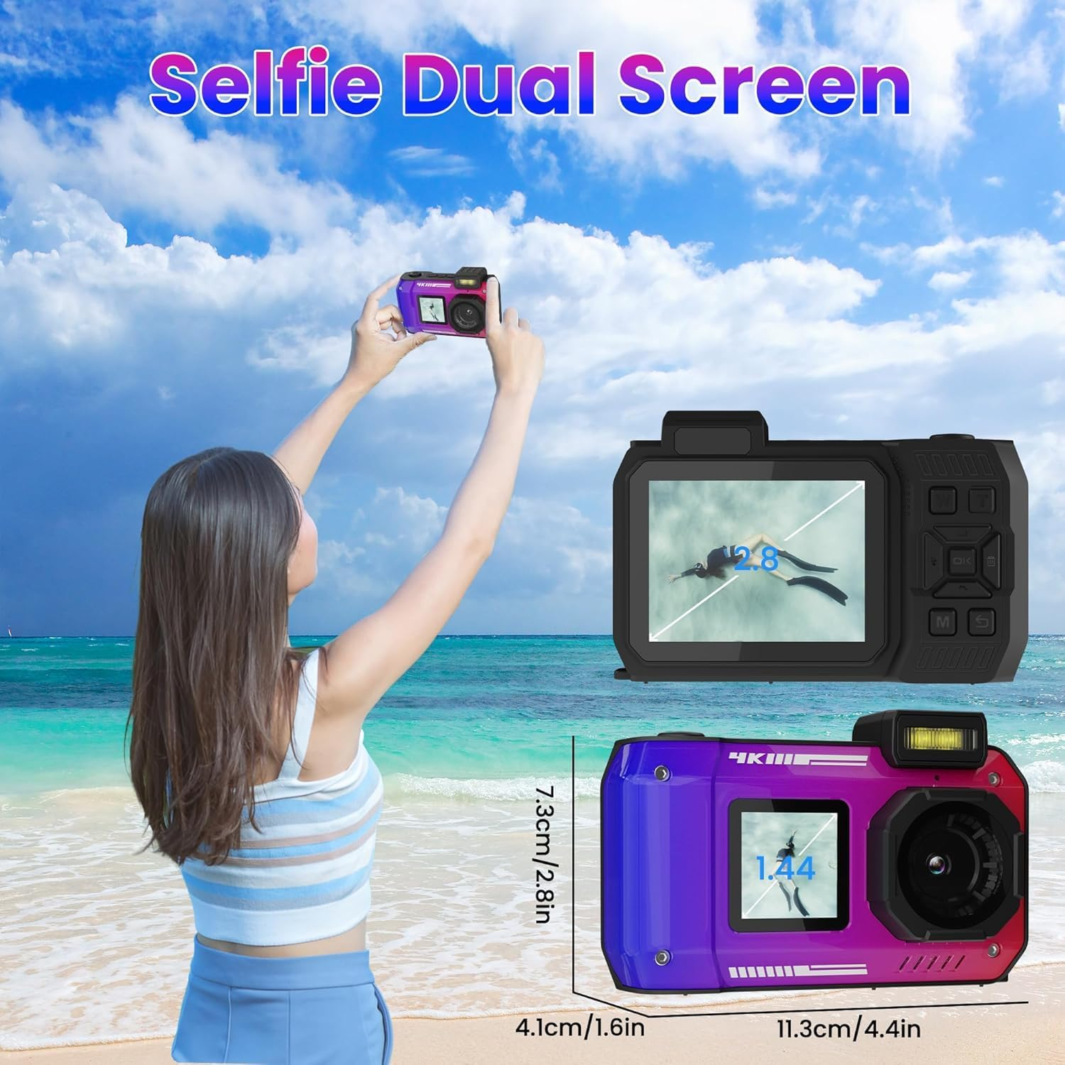 4K 33FT Digital Camera, 48MP Underwater Camera Waterproof Rugged Dustproof Shockproof for Snorkeling Diving, Selfie Dual-Screen Point and Shoot Digital Camera with 32G Card(Gradient Purple) image number 4