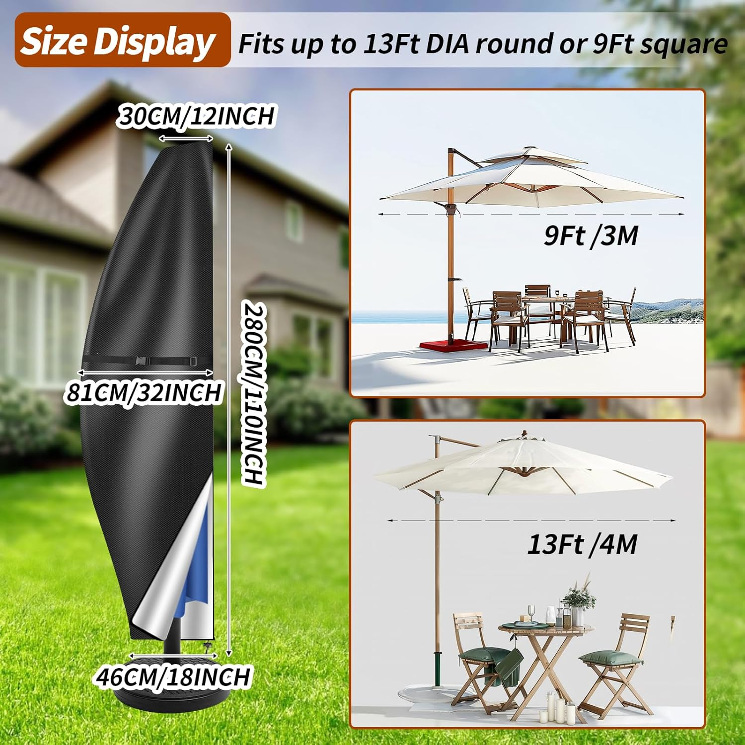 Neween Cantilever Parasol Cover with Rod, 210D Heavy Duty Waterproof Windproof Garden Offset Large Umbrella Cover with Zipper and Storage Bag Fit for 2.7-3.9M Outdoor Parasol (Black, 280X30/81/46Cm) image number 2