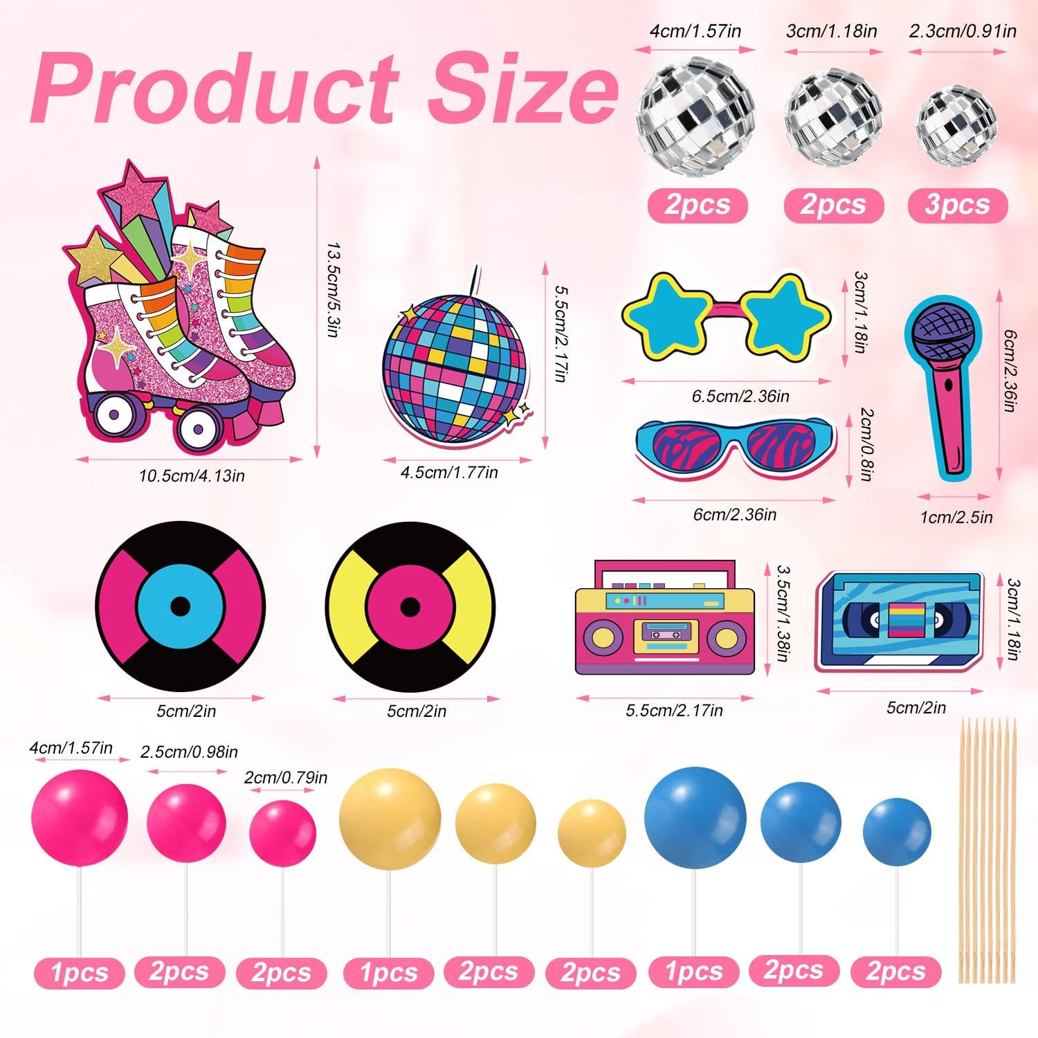 31Pcs Roller Skate Cake Toppers, Disco Ball Cake Topper Retro 80S 90S Cake Toppers Hip Hop Theme Cake Decorations Rolling Skate Party Decorations image number 4