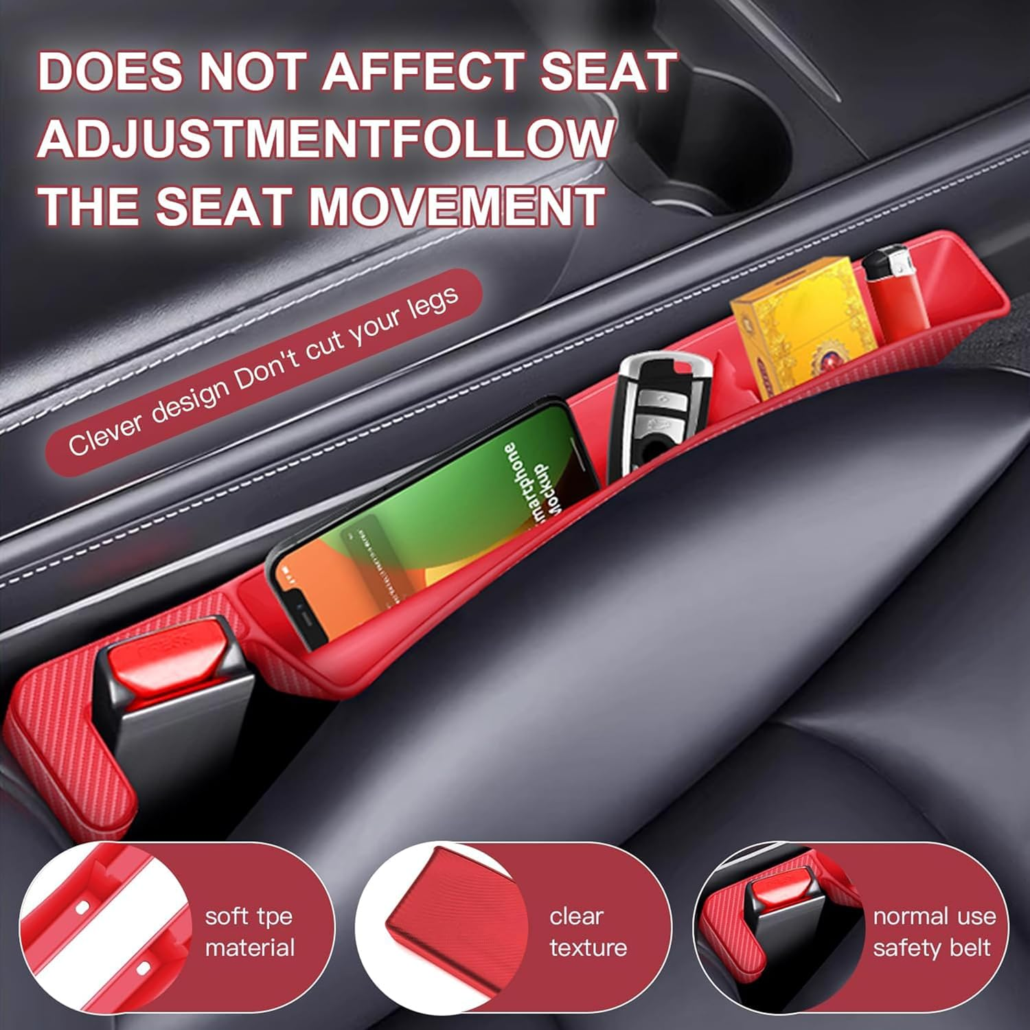 2PCS Car Seat Gap Filler Organizer,Multifunctional Car Gap Fillers with USB and Phone Holder,Auto Interior Accessories,Universal Car Seat Storage Organizer between Seats for Phone,Keys (Red) - Red image number 4