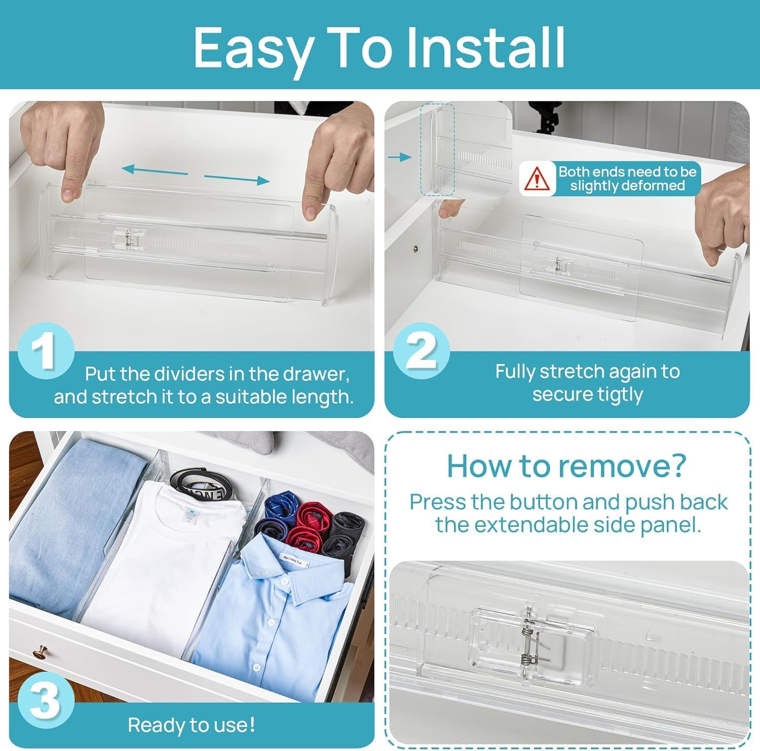 12PACK Drawer Dividers,Adjustable Clear Drawer Organisers, Expandable 28.7&ndash;50.5Cm and 8Cm High Drawers Separators for Bedroom Clothing, Kitchen Utensils, Bathroom & Office Organization and Storage image number 5