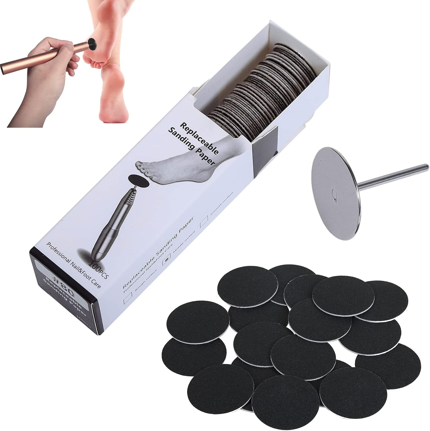 100Pcs Replacement Sandpaper Disk with Metal Nail Drill Bit,25Mm Self-Adhesive Pedicure Sanding Paper Disc Pads for Manicure Pedicure,#240 Grit