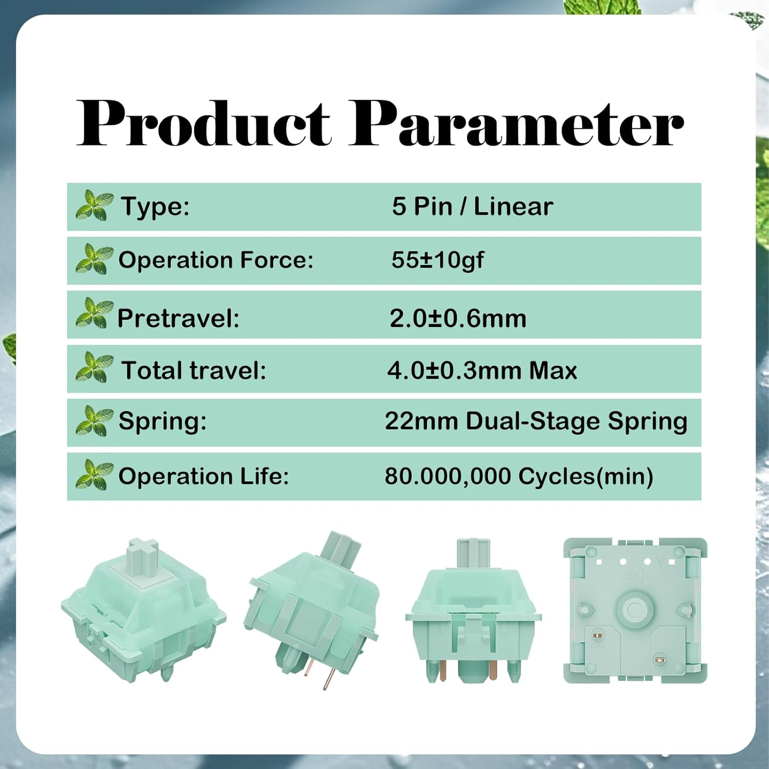 Gateron Mint Switches for Gaming Mechanical Keyboard,5 Pin 55Gf Dual-Stage Spring Pre-Lubed Linear Switches for Gaming and Office(Plugin,45Pcs) image number 2