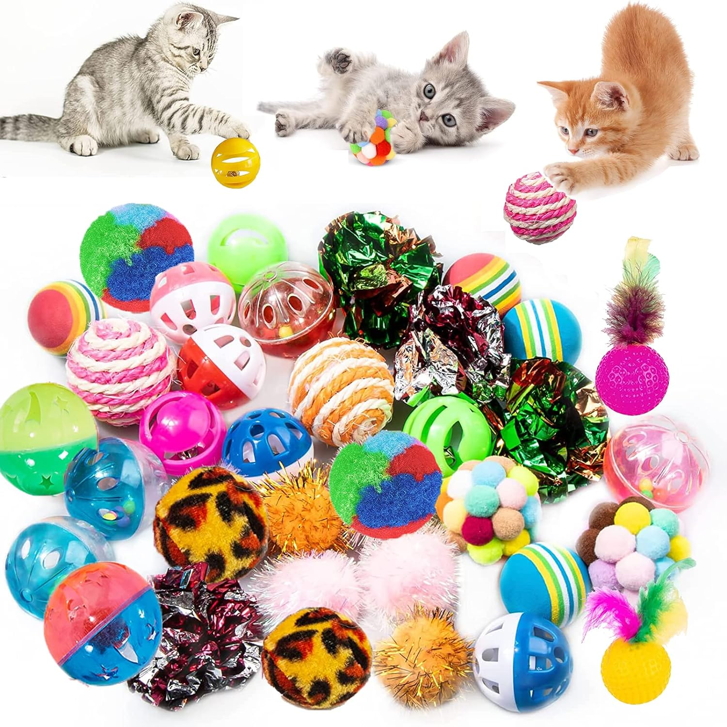 Cat Toys, 34Pcs Kitten Chew and Chase Toys Set - Indoor Cat Toys Including Rainbow Foam, Crinkle, Furry Pompom, and Sisal Balls for Kitty Pet image number 2