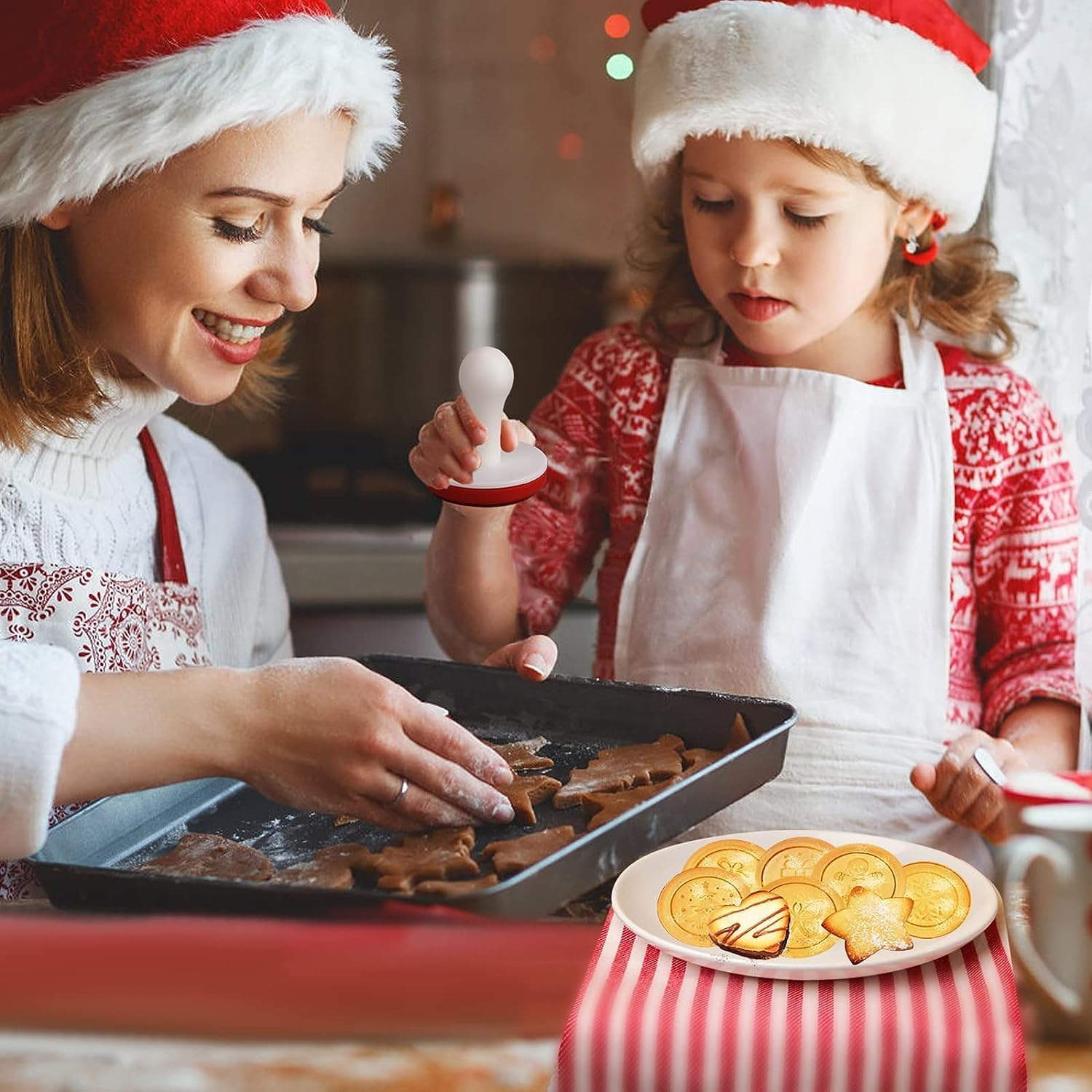 7PCS, Cute Christmas Silicone Cookie Stamps Set Included 6 Stamps and 1 Cookie Cutter Cuts, Homemade Xmas Cookies Stamps for DIY Baking, Cookies Embossing Mold for Holiday Party, BPA Free image number 5