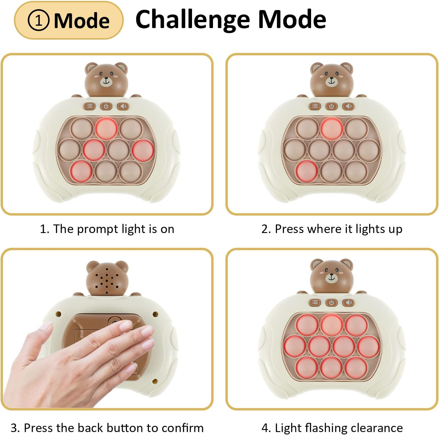 Game Machine,4 Playing Modes Battery Powered Portable,Push Pop Sensory Toys for Kids Pop Puzzle Game,Electronic Handheld Light-Uptoy for Teenagers Adults Stress Relief (Bear) image number 4