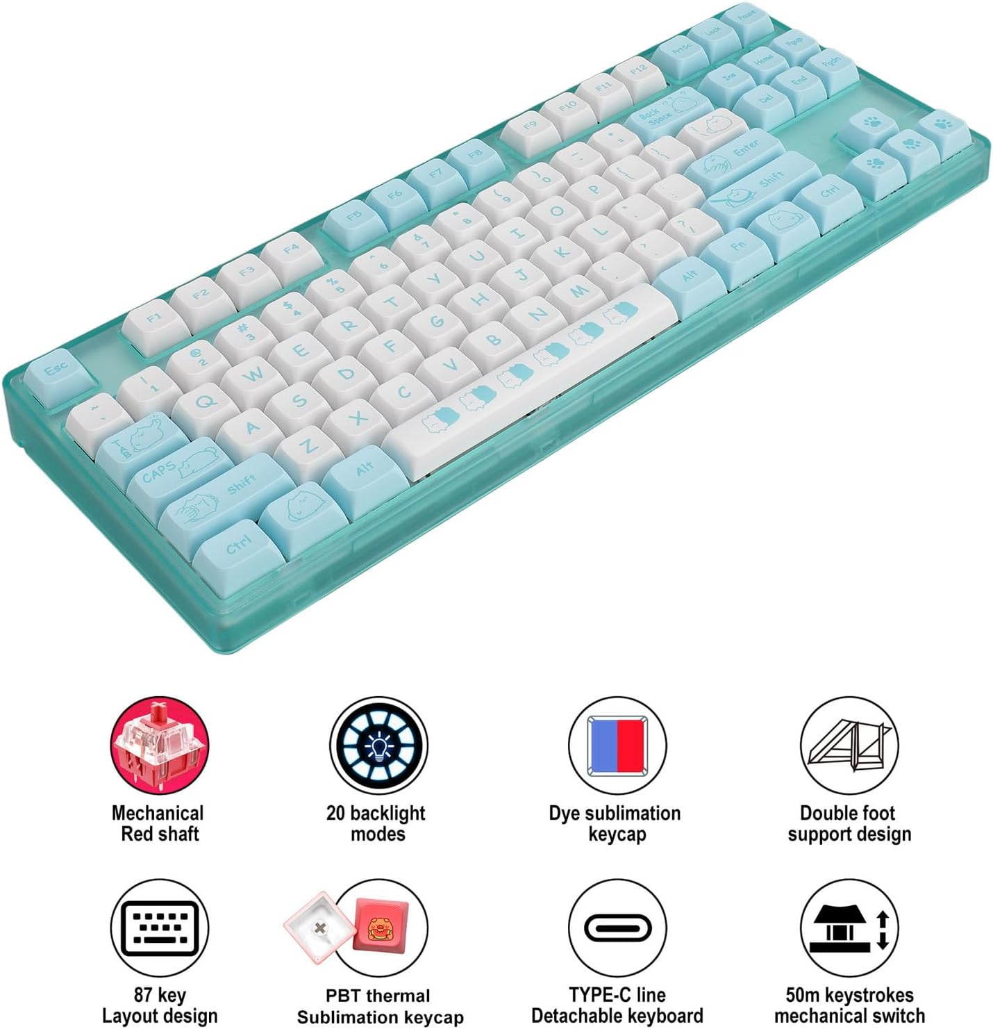 Mechanical Gaming Keyboard - USB Backlit Keyboard with PBT Keycaps, RGB Backlight, 20 Lighting Modes, Ergonomic Design, Detachable USB Cable image number 6