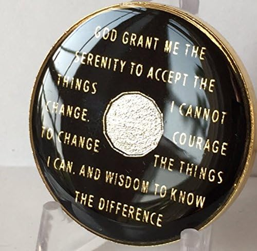 5 Year Classic Black AA Alcoholics Anonymous Medallion Sobriety Chip Tri Plate Gold & Nickel Plated Serenity Prayer image number 1