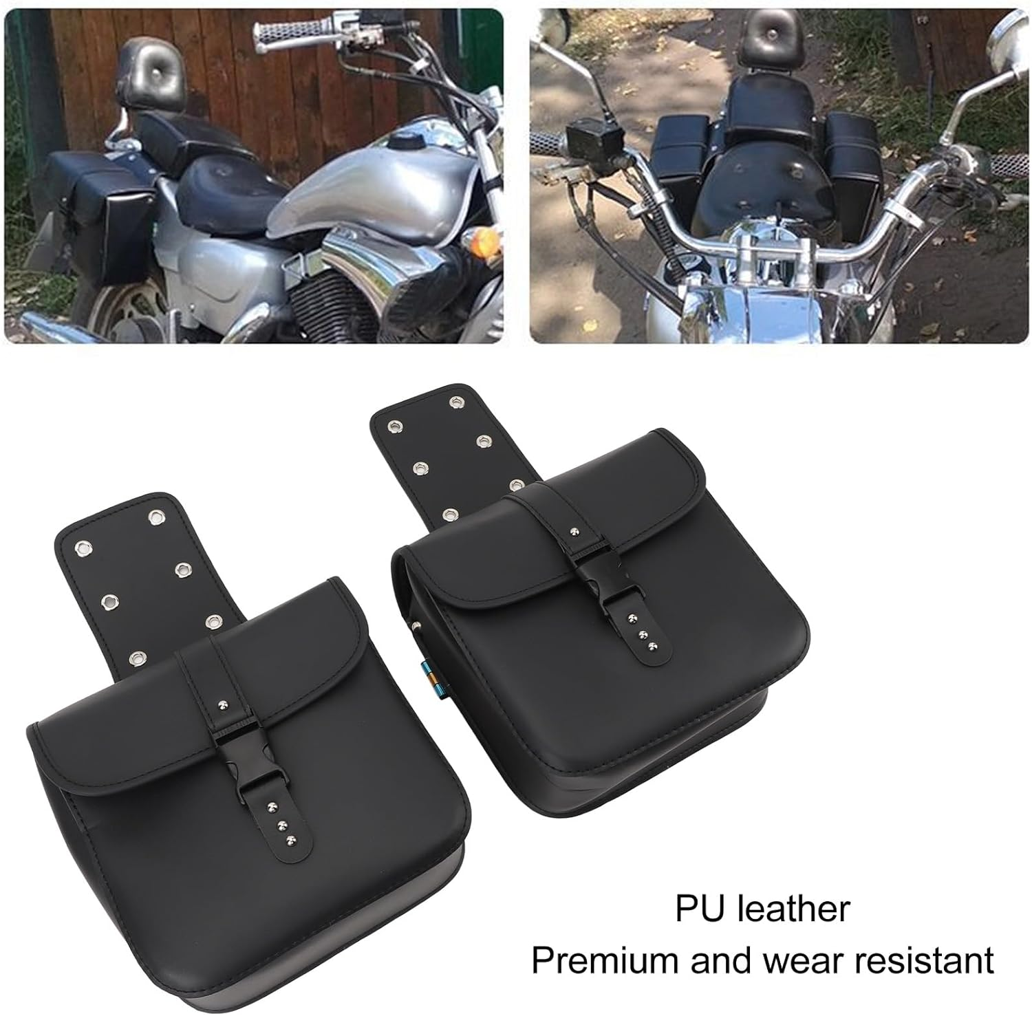 Motorcycle Saddlebags, High Capacity with Rope, Waterproof PU Leather Saddle Bags 1 Pair, Universal Motorbike Side Bag, Easy Installation, Black image number 2