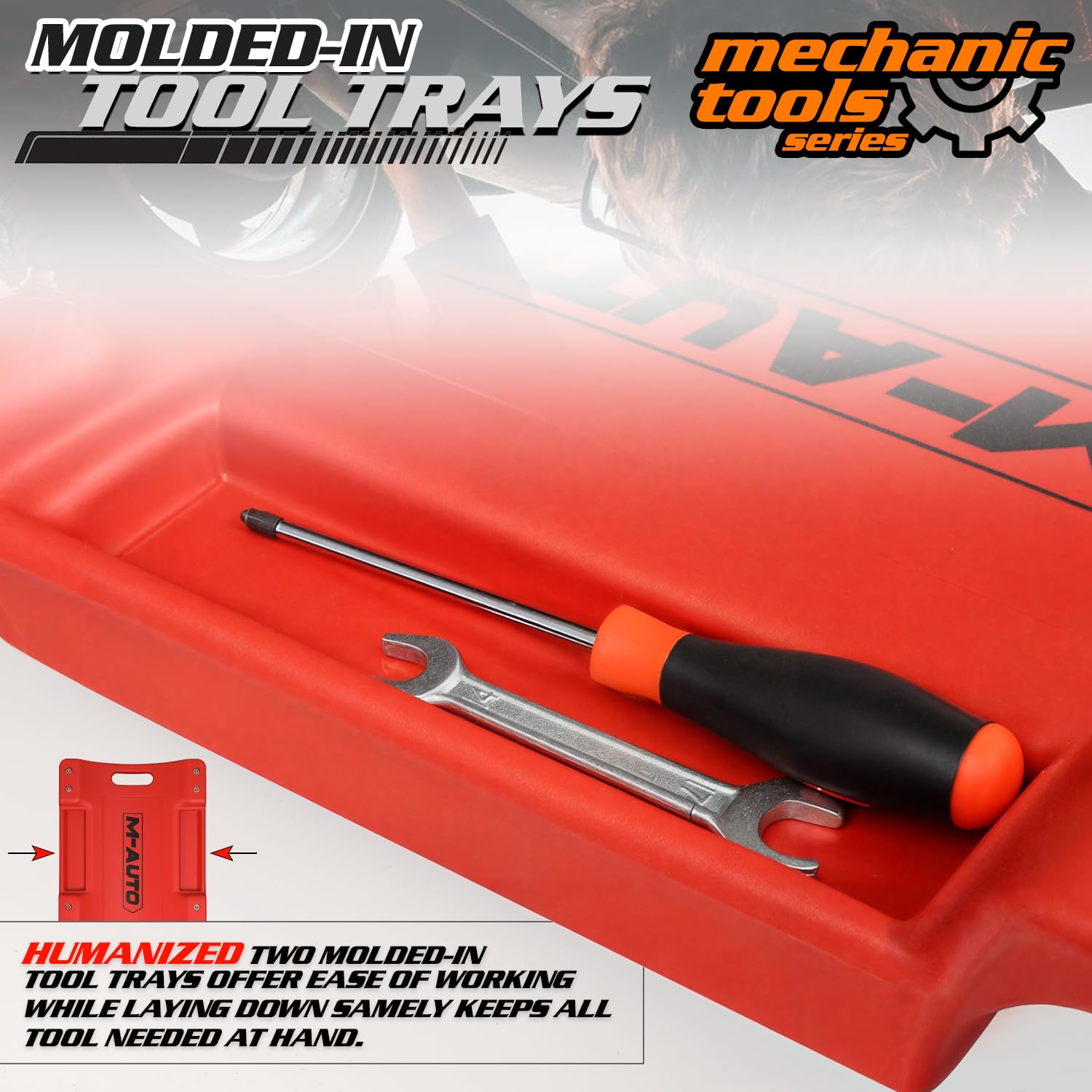 M-AUTO Plastic Rolling Garage Creeper with Padded Headrest 36" Light Weight Automotive Creeper Mechanic Cart with Dual Tool Trays and Noiseless Casters, Red image number 4