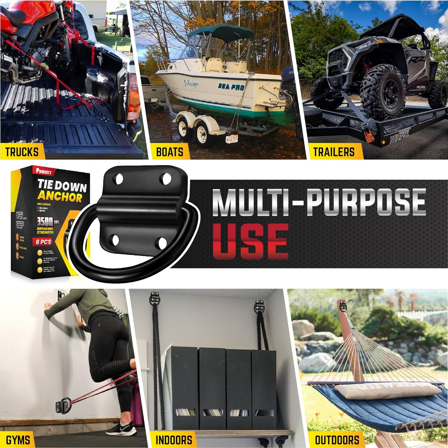 6PCS Heavy Duty Steel D Rings Tie down Anchors, Ultra Durable 3500 Pound Breaking Strength Surface Mount Hooks Securing Cargo for Trailer, Truck Bed, with Screws & Bolts image number 2