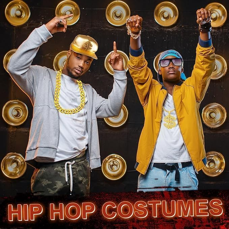 6Pcs Hip Hop Costume Kit, 80S 90S Rapper Costume, Fancy Dress Hippie Fake Chains and Hats for Halloween Party Cosplay Props Rapper Fancy Dress Carnival Accessories
