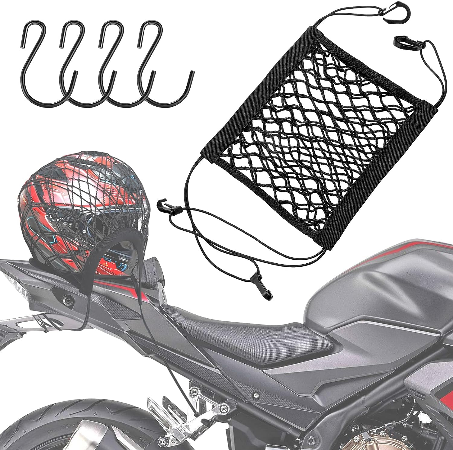 Upgrade Cargo Net for Motorcycle Helmet Storage, 10"X11" High-Elastic Double Layer Bungee Net with 4 Strong Hooks, Luggage Strap Rack Expansion Organizer Net Pocket for Motorbike Trike Cycle image number 3