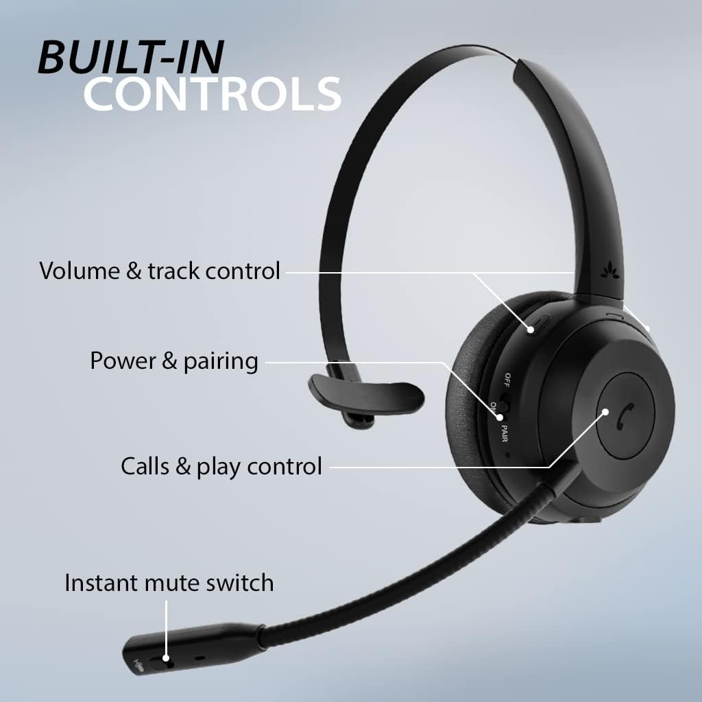 Avantalk Alto Solo - Wireless Headset with Microphone for Work, Headphones with Qualcomm Bluetooth Solution, CVC Noise-Canceling for PC, Computer & Laptop, Charging Stand, Mute Button, Wired Option image number 4