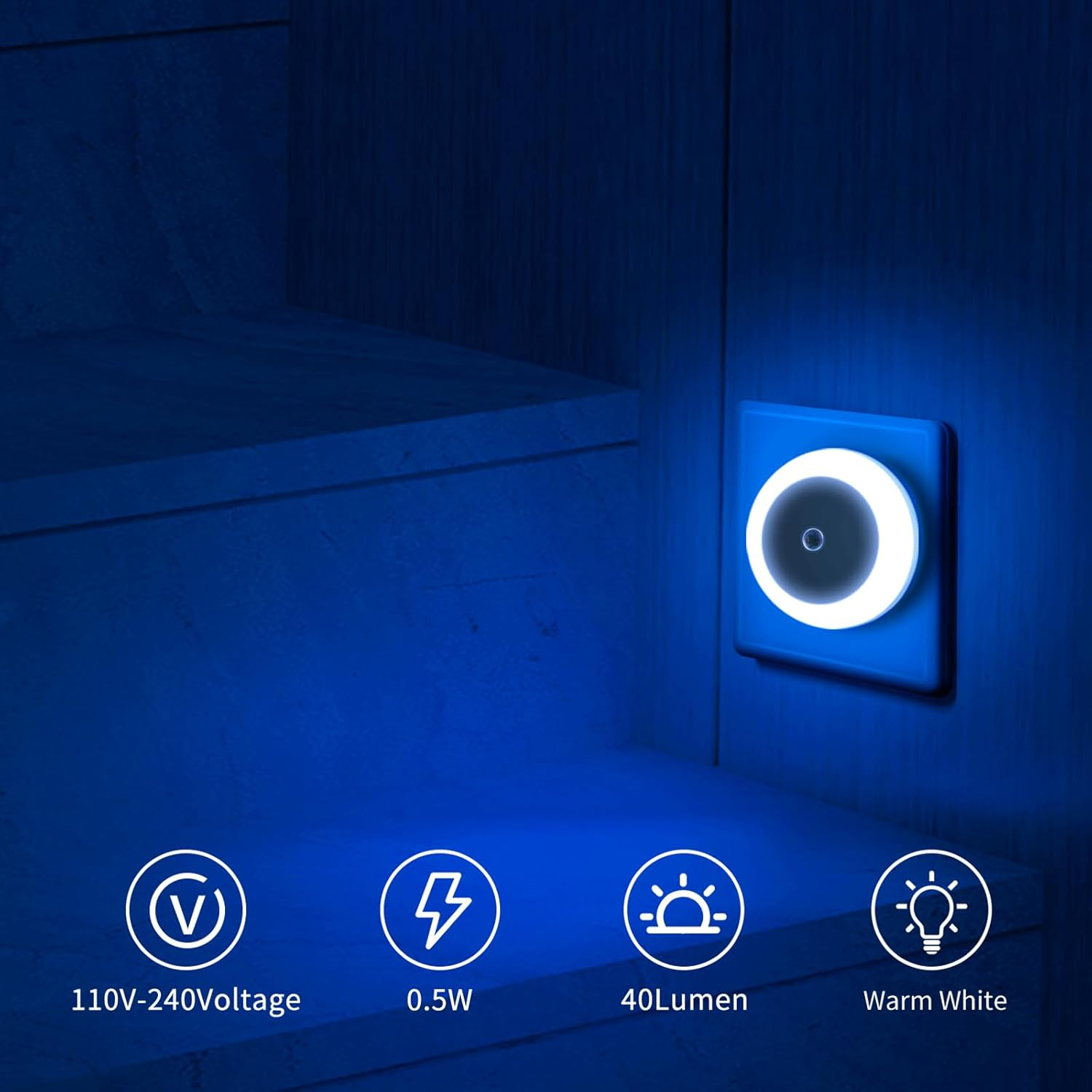 VIPMOON 4Pack Plug in Night Light, Auto Dusk to Dawn Sensor, Indoor Kid Baby Night Light Sensor, Auto LED Night Lights for Bedroom, Bathroom, Wall, Stairs, Cabinet, Hallway. AU Plug Blue - Blue image number 5