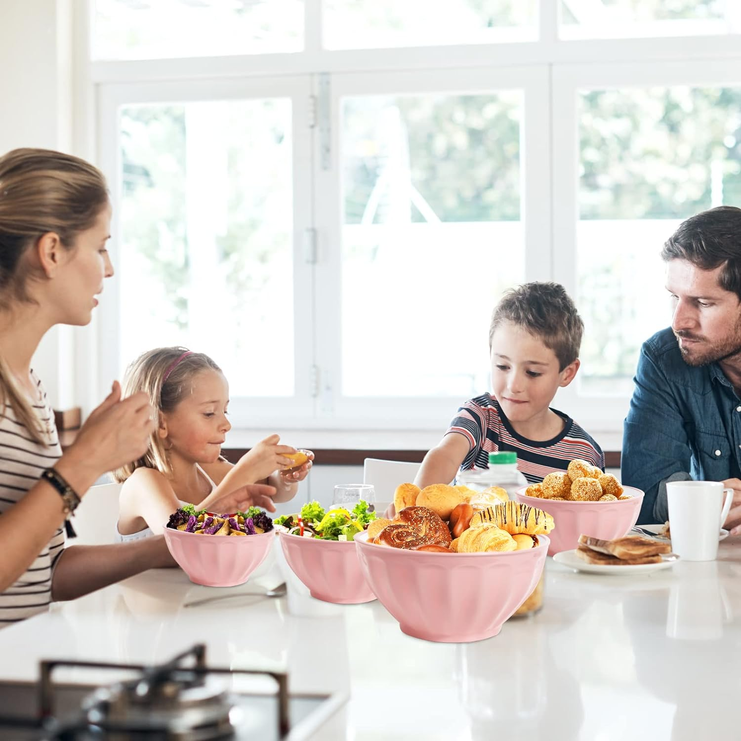 Mixing Bowls with Lids Set,4 Piece Large Plastic Nesting Mixing Bowls,Includes 4 Microwave Safe Mixing Bowl and an Egg Whisk for Kitchen Prepping,Baking,Cooking Food, Pink image number 2