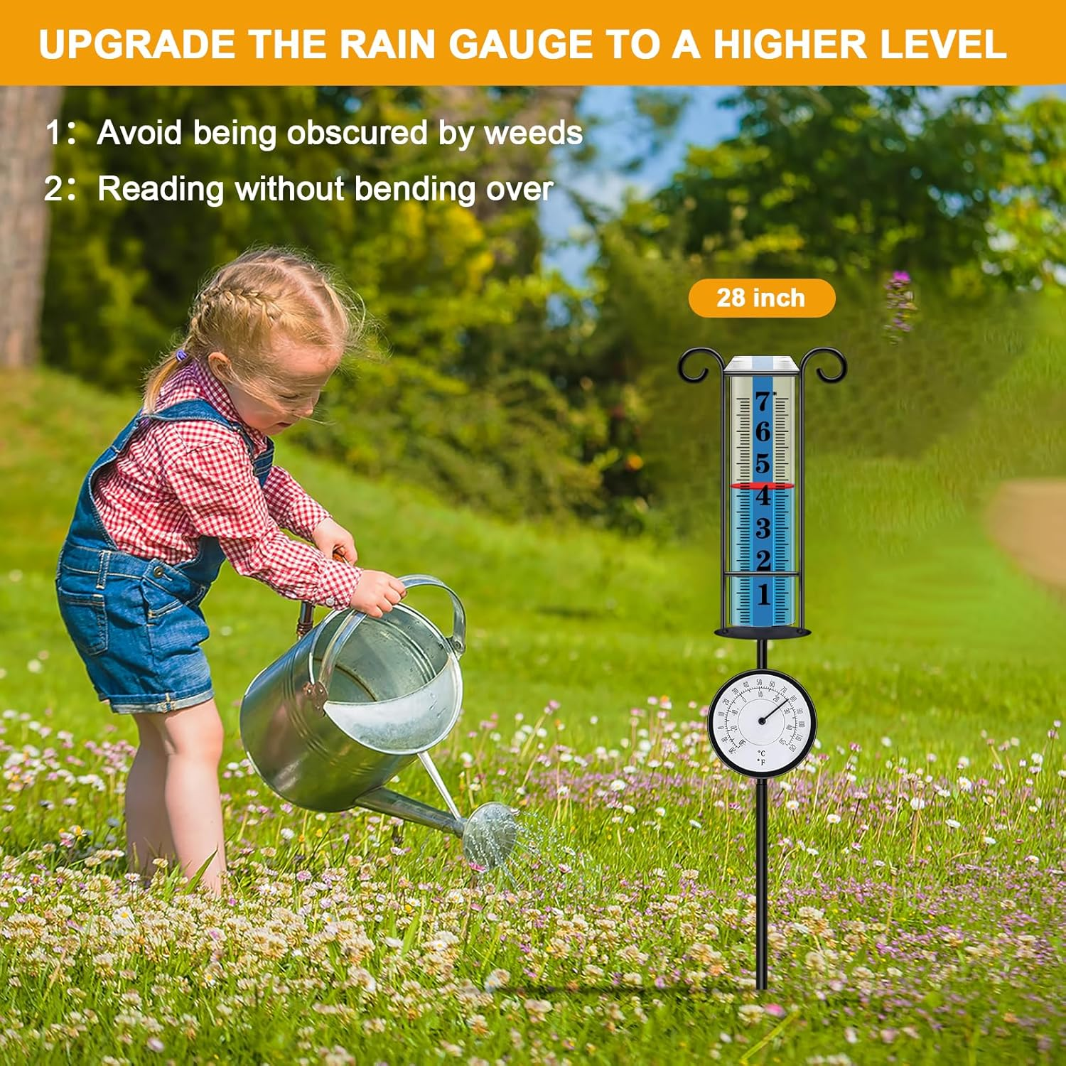 Jmbay Rain Gauge Outdoor with Thermometer, Rain Gauges Outdoors Best Rated, Large Font Rain Measure Gauge for Yard, Rain Water Meter with Thickened Plastic Tube and Duralbe Metal Stake for Patio,Lawn image number 2