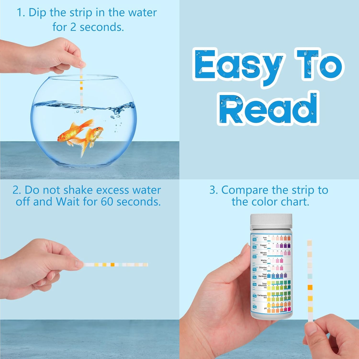 100 Strips Pack 9 in 1 Aquarium Test Kit, Fish Tank Test Strips, Freshwater Aquarium Test Kit to Detect Fe Cu Ph Nitrite Nitrate Chlorine Carbonate Total Alkalinity Hardness image number 4