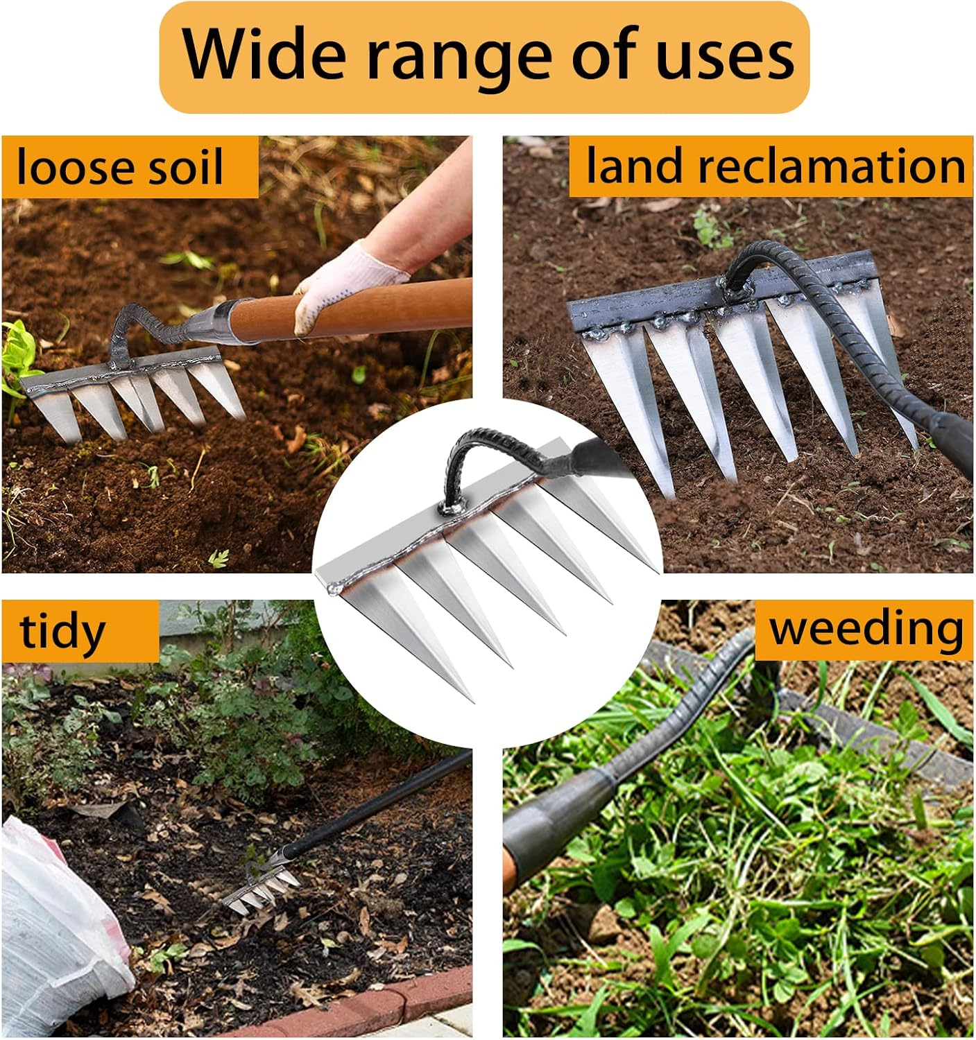 Iron Rake for Gardening and Weeding - Heavy Duty Garden Tool, Carbon Steel Hand Rake for Sturdy Dethatching, 5 Toothed Steel (Without Stick) - 4 Toothed Steel image number 3