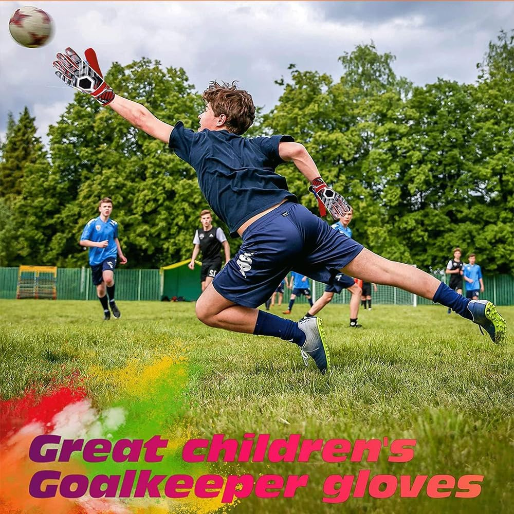 Goalie Gloves, Football Goalkeeper Gloves, Kids & Youth Football Goal Keeper Gloves Strong Grip for the Toughest Saves with Finger Spines to Give Splendid Protection to Prevent Injuries