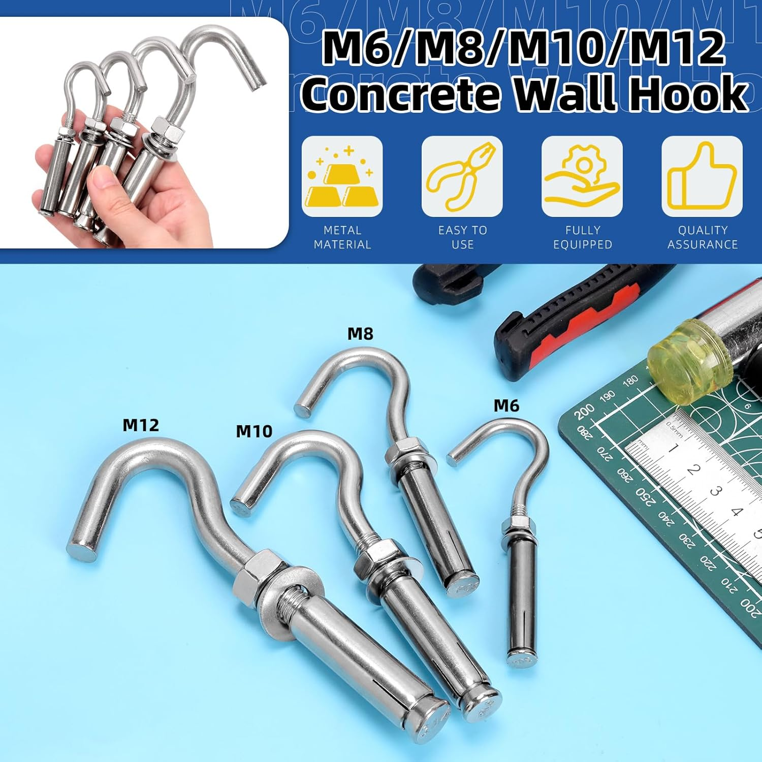 Glarks 6Pcs M10 Expansion Hook Set, 304 Stainless Steel Open Cup Hook Screw, Heavy Duty Concrete Hook, Expansion Screw in Hooks, Concrete Wall Hook for Concrete Brick Stone Ceiling Hanging