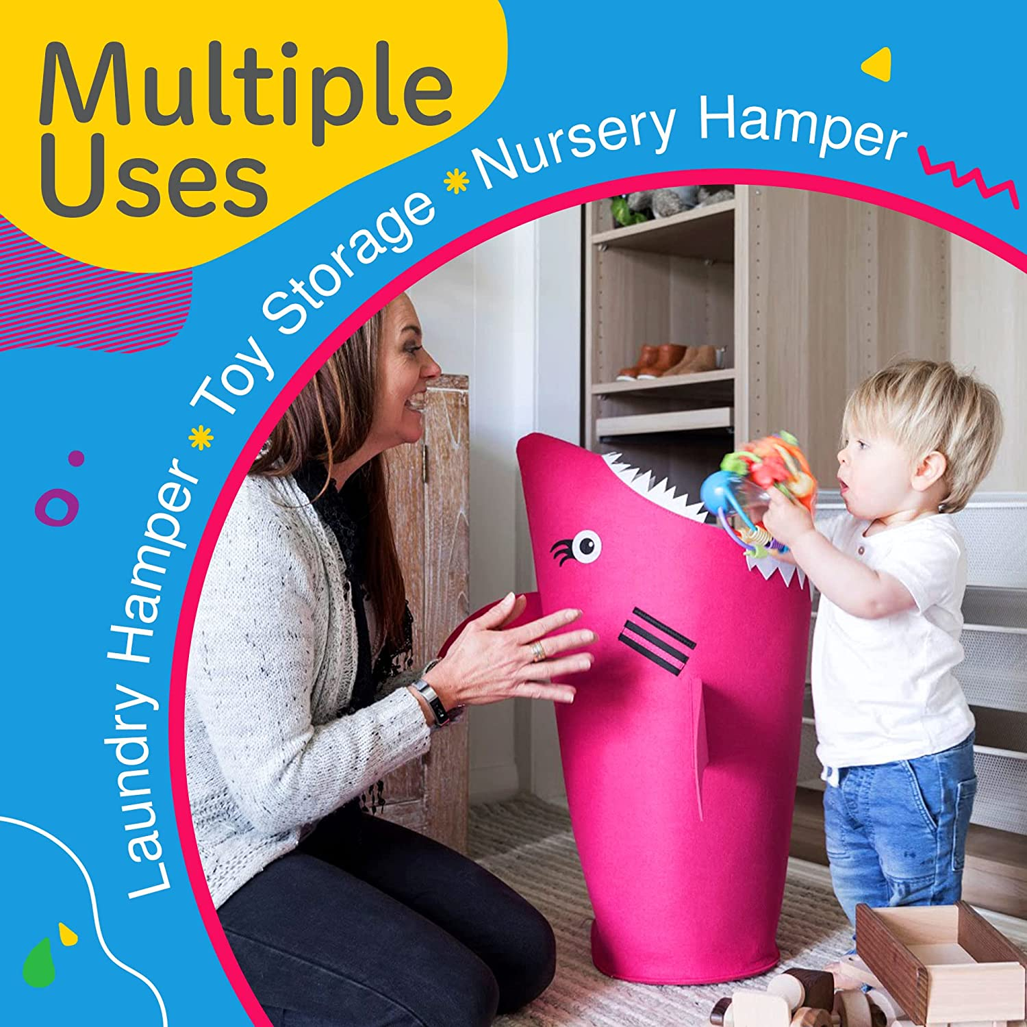 Kids Laundry Basket Kids Organizer Baby Laundry Basket Girls Laundry Hamper Baby Shark Room Decor Cute Pink Laundry Basket Toy Bin Baby Hamper Toy Basket Nursery Hampers for Girls Shark Bathroom D&eacute;cor image number 5