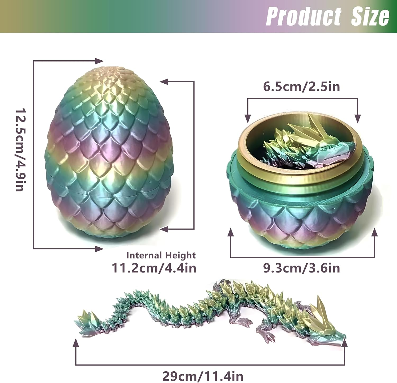 3D Printed Crystal Dragon Fidget Toy for Adults - Articulated Posable Surprise in Egg - Gifts for Home Office Desk Decor (Colorful) - Gold image number 4
