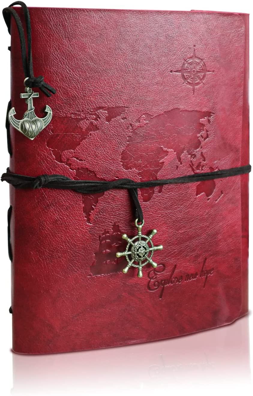 Leather Photo Album, Scrapbook Album with Retro Pendents, DIY Travel Vintage Photo Album, Family Photo Book Refillable 60 Pages for Anniversary Birthday Wedding (Red)