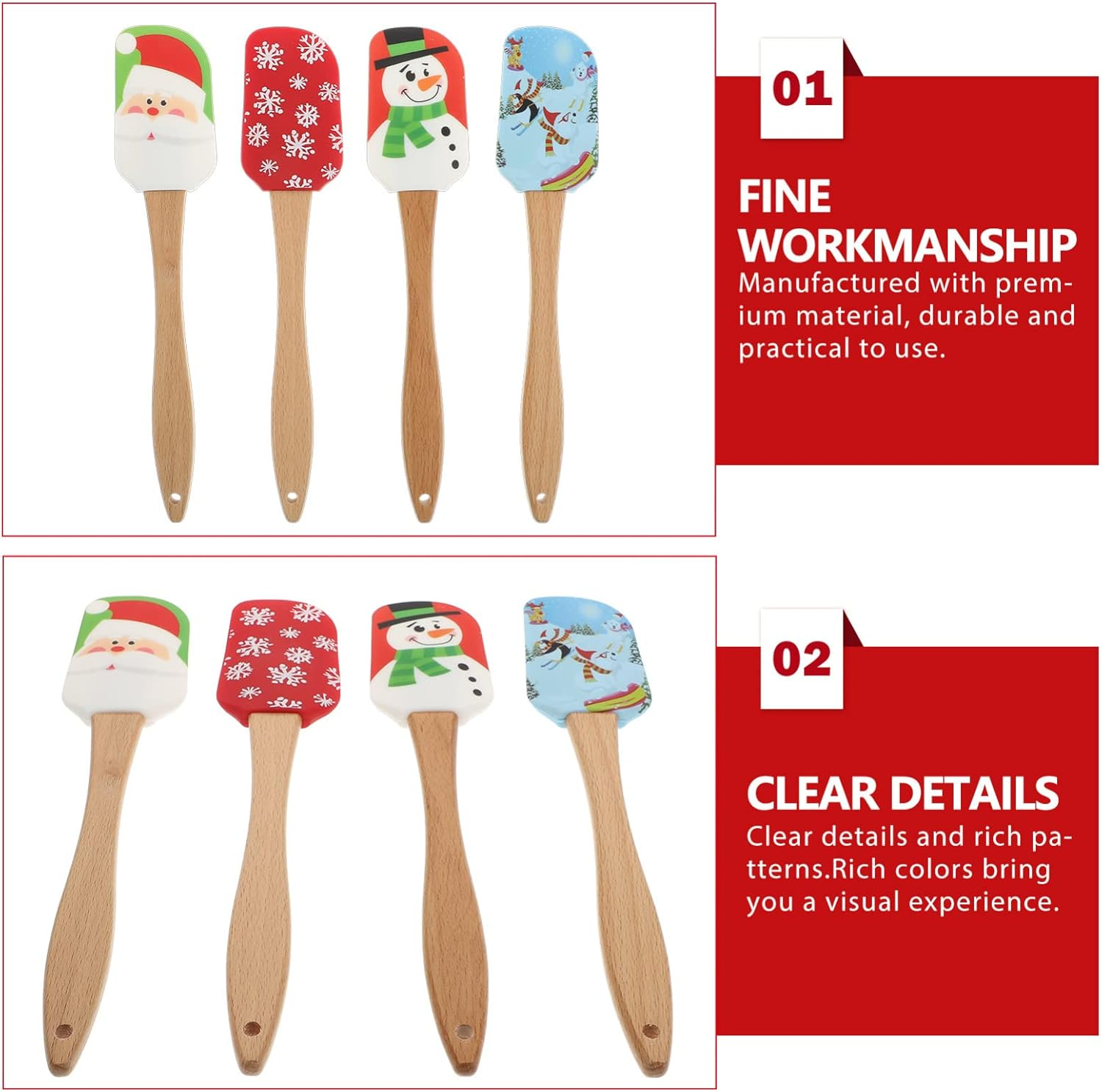 4Pcs Christmas Spatulas for Baking,Christmas Spatula Set Kitchen Christmas Silicone Spatula Set with Wooden Handle for Baking Cooking and Christmas image number 4