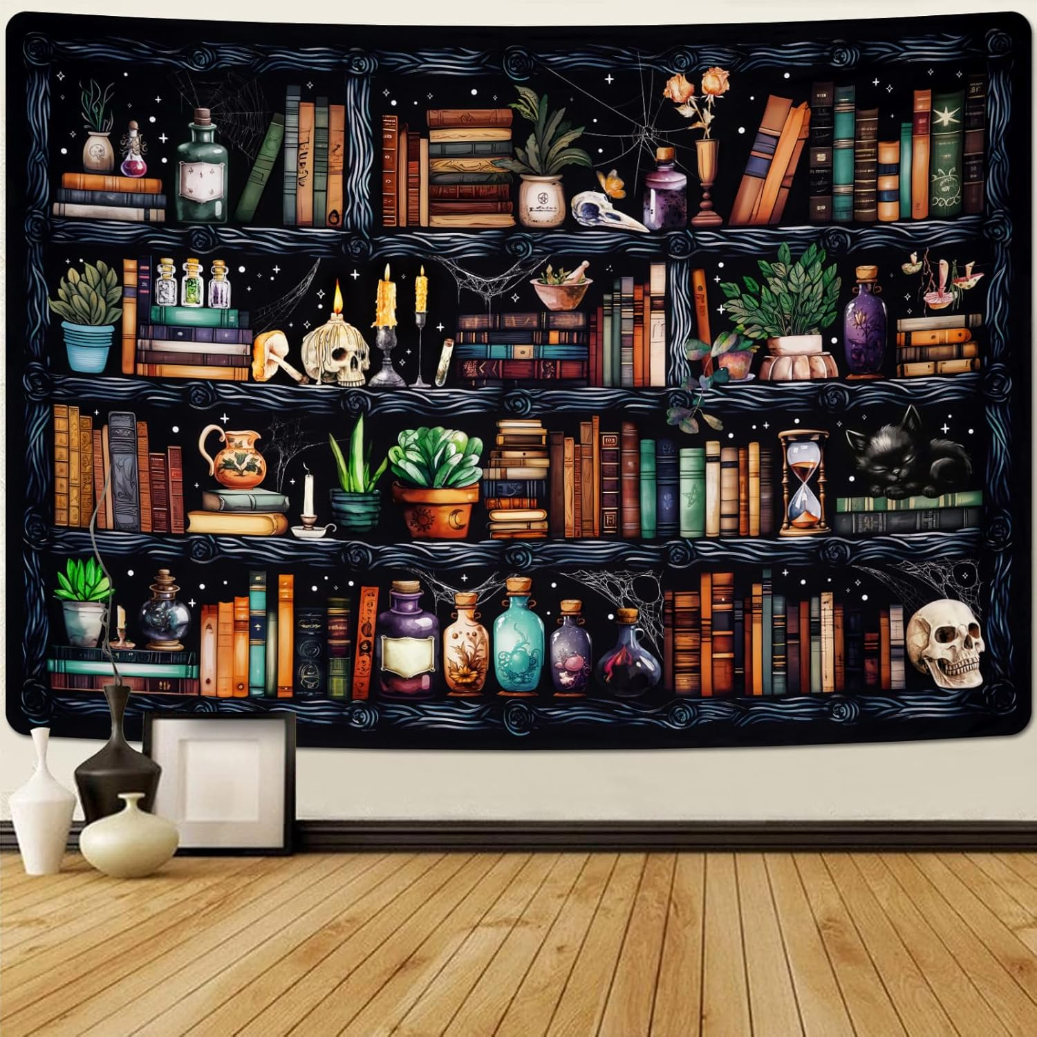 Uspring Bookshelf Tapestry Magical Book Tapestries Goth Skull Tapestry Vintage Botanical Tapestry Black Cat Wall Tapestry Hanging for Bedroom Home Decor (51.2 X 59.1Inches) image number 3