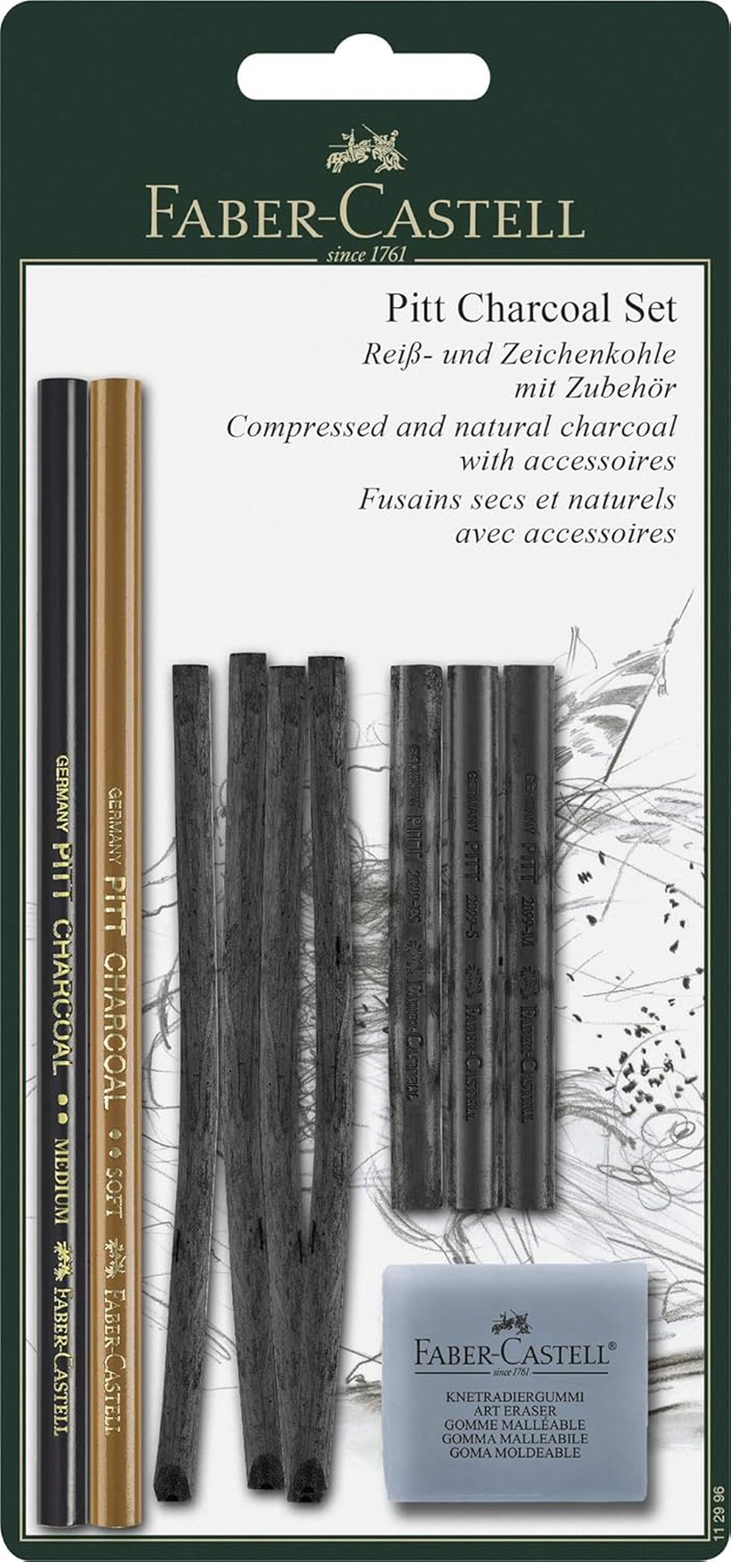 Faber-Castell Smooth Pitt Compressed Charcoal Stick, Extra Soft &ndash; Blister Pack of 3, (18-129996) image number 1