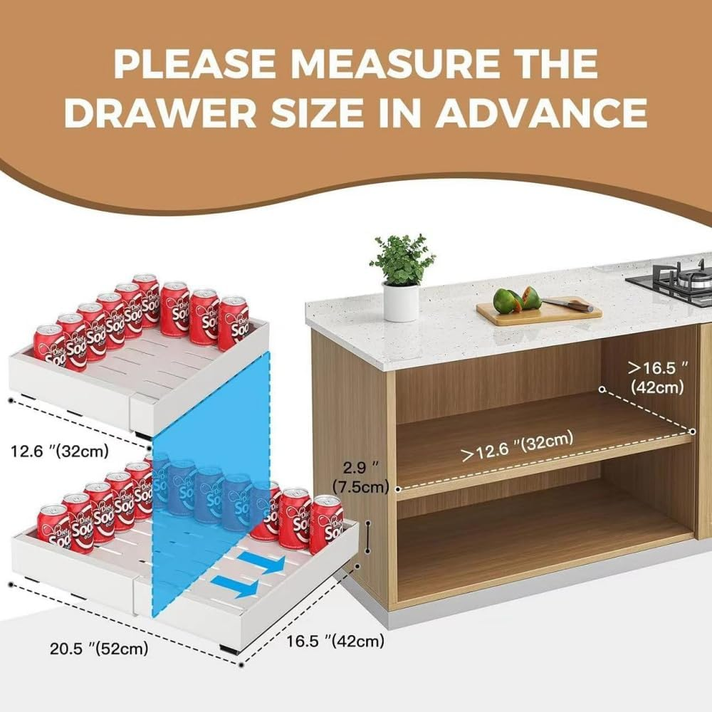 2 Pack Pull Out Drawers for Cabinets under Sink Organizer Slide Out Kitchen Storage Adhesive Shelf Cupboard for Home Pantry Spice Plate Cutlery Pan Medicine Expandable Drawer Organiser (12.4"-20.5") image number 2